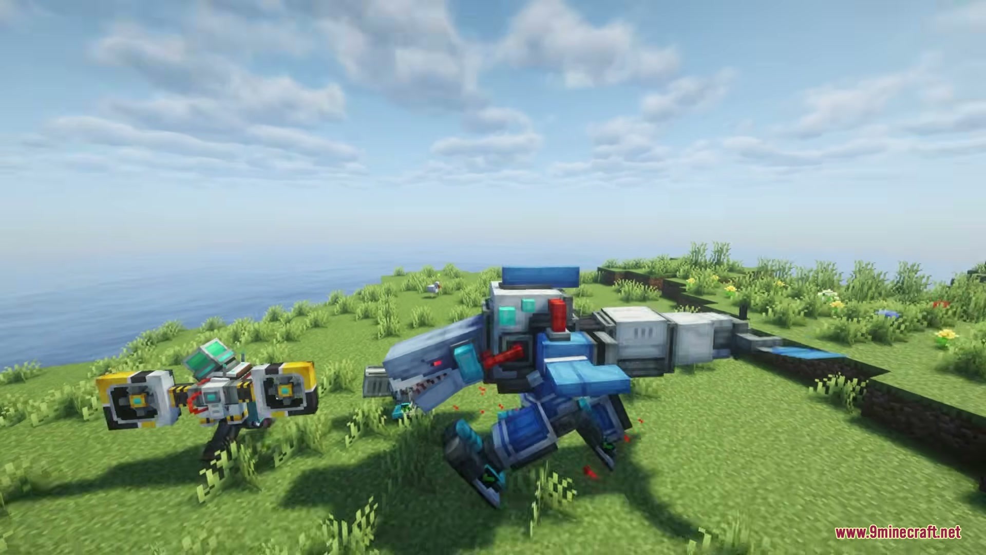 Brainrot Protocol Mod Screenshot 8 The blue cybernetic shark boss lunges forward across a grassy open landscape