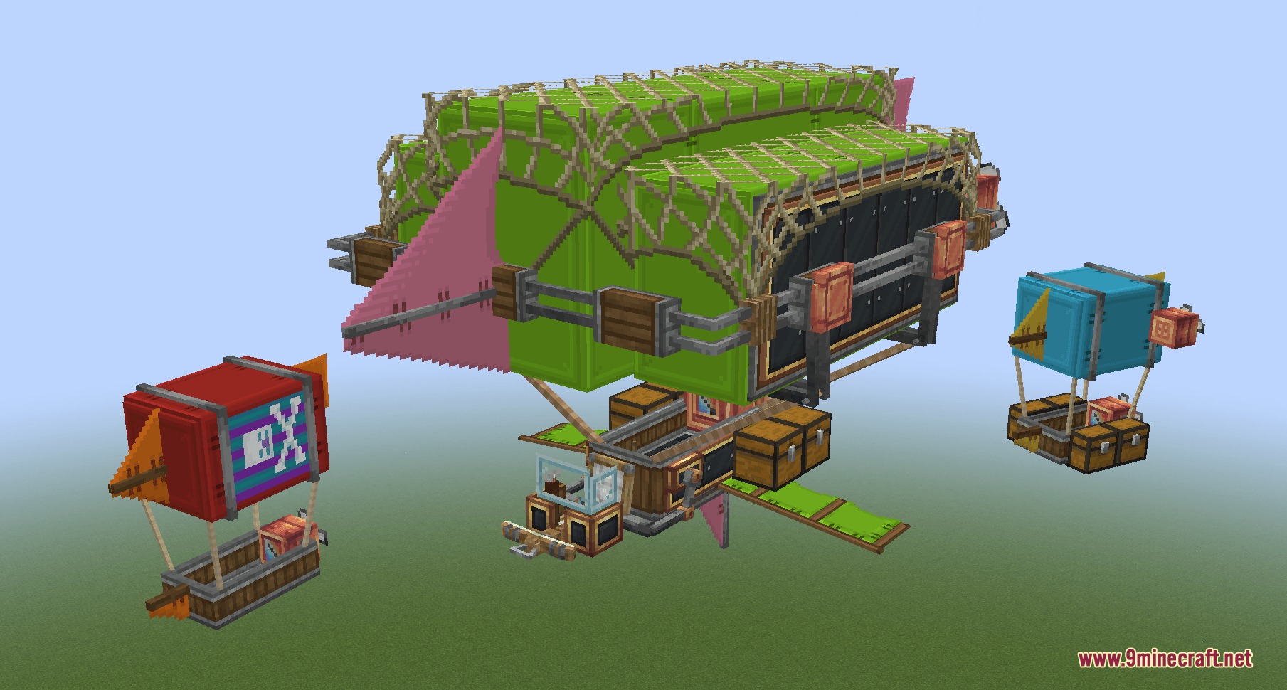 Brassbound Dreadnoughts Resource Pack Screenshot 2 Three colorful airships with industrial designs and mechanical wings flying in the sky