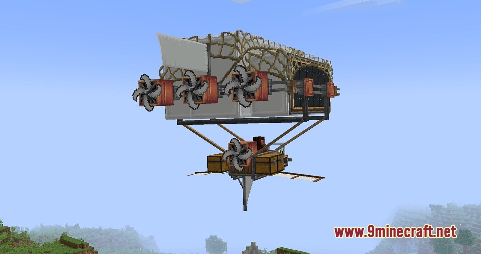 Brassbound Dreadnoughts Resource Pack Screenshot 6 Side view of a mechanical airship featuring propellers and industrial machinery parts