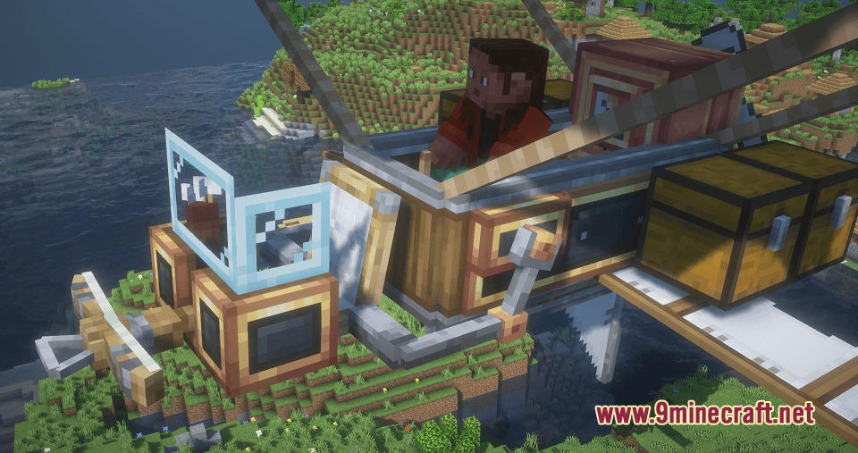 Brassbound Dreadnoughts Resource Pack Screenshot 7 A player sits in a mechanical cockpit with copper engines and side chests