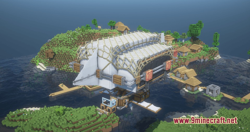 Brassbound Dreadnoughts Resource Pack Screenshot 8 An industrial warship with white sails and andesite casing flies over a village