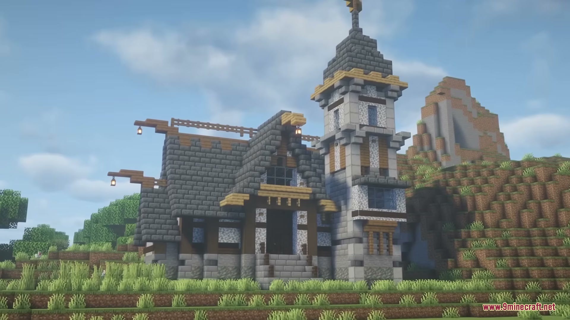Brave Structures Mod Screenshot 1 A medieval house with a stone brick roof and a tall tower