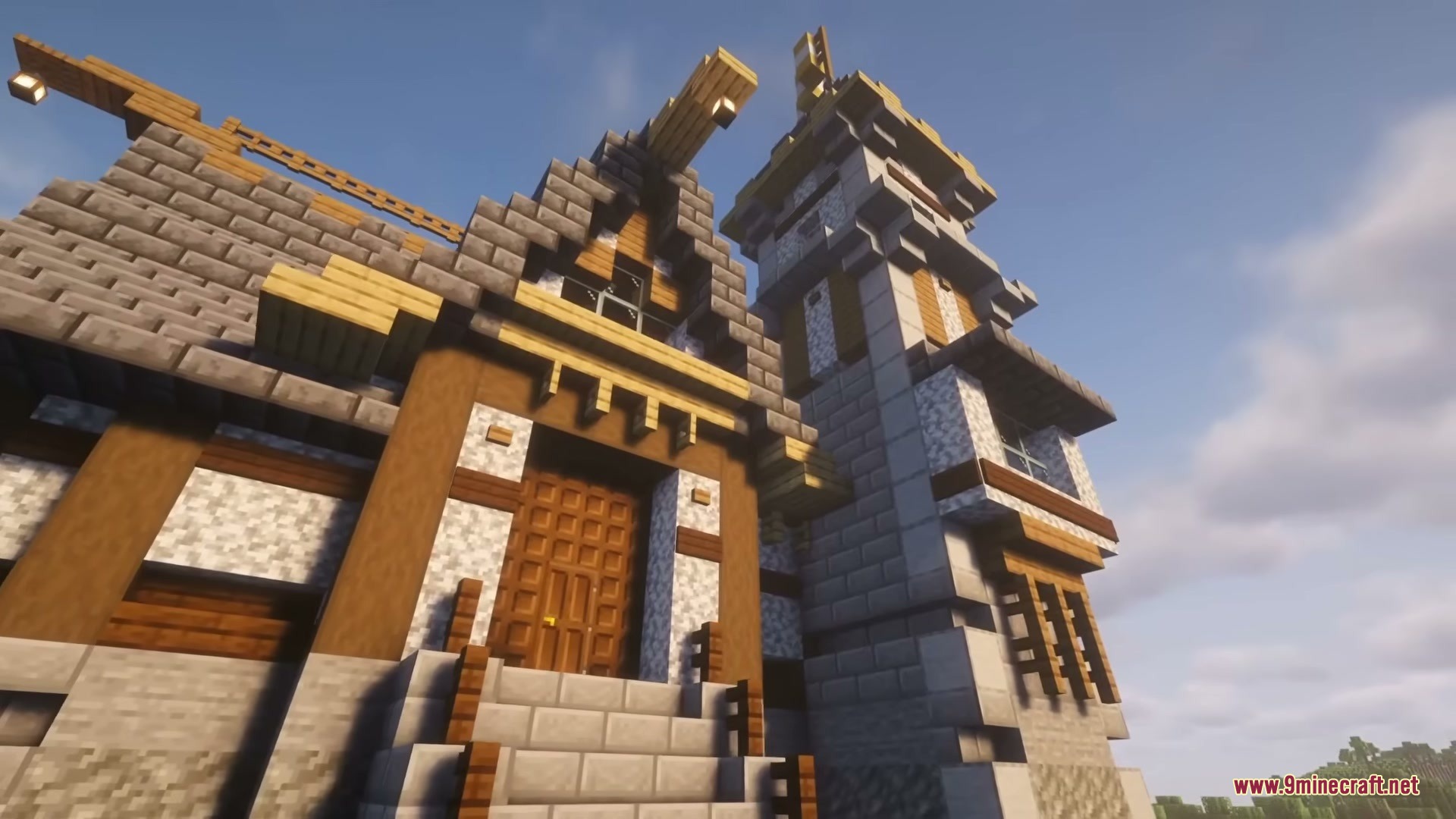 Brave Structures Mod Screenshot 11 A medieval stone house with a tall tower and wooden roof accents
