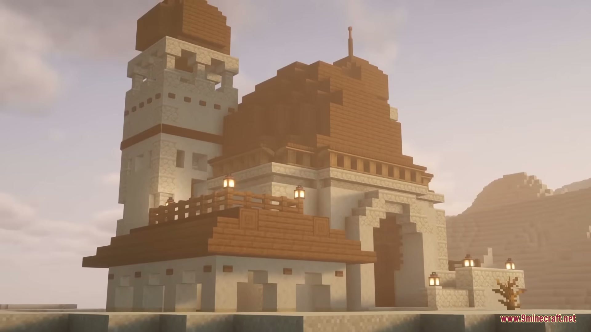 Brave Structures Mod Screenshot 2 A large sandstone desert palace with a brown roof and lanterns