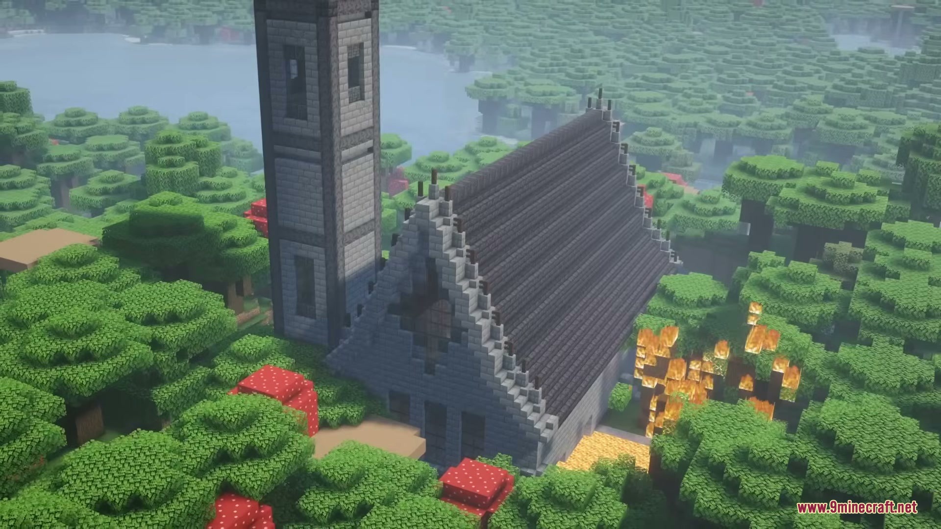Brave Structures Mod Screenshot 4 A large dark church with a tall tower in a dense forest