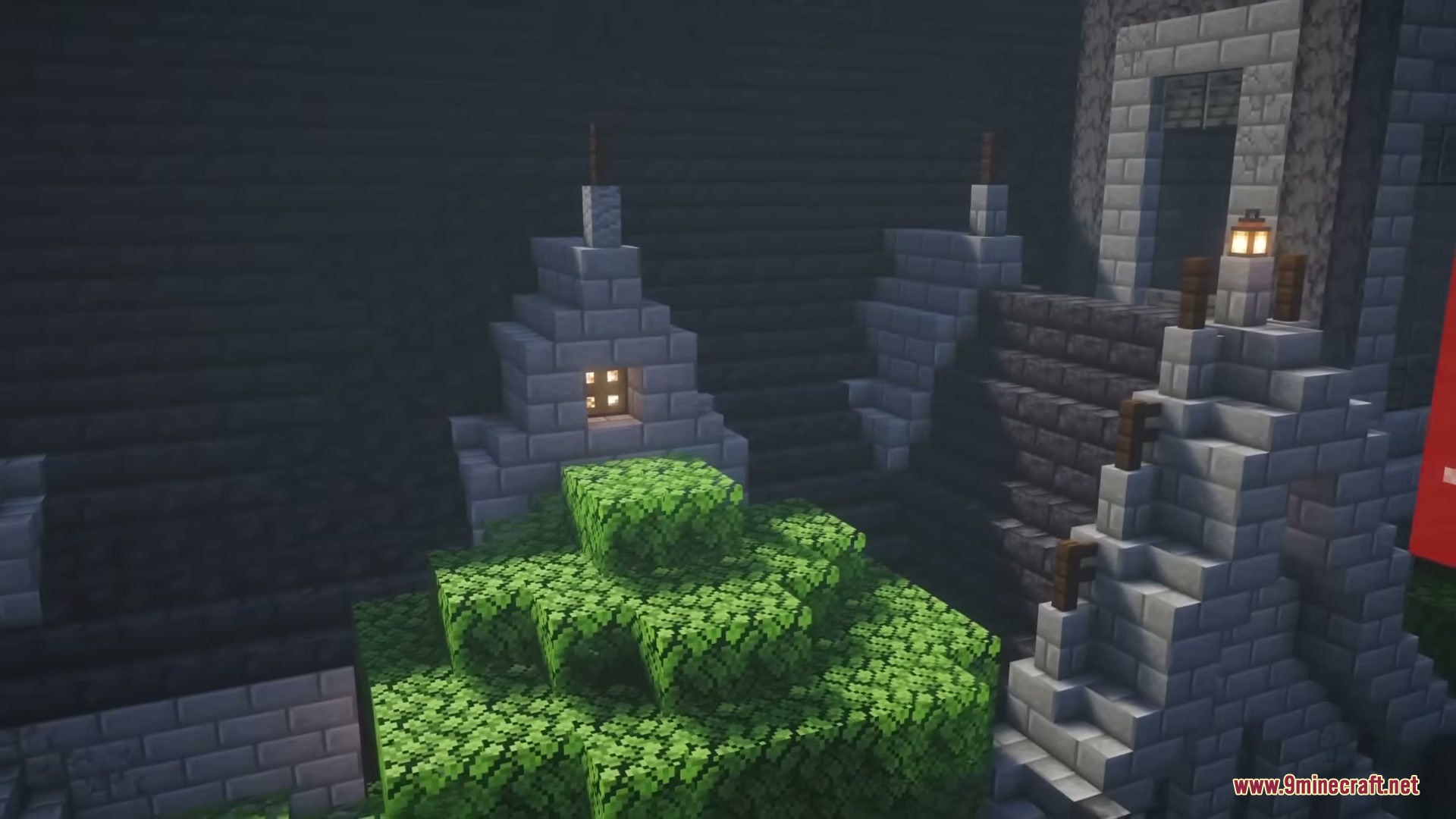 Brave Structures Mod Screenshot 5 A spooky dark church featuring detailed stone stairs and a glowing window