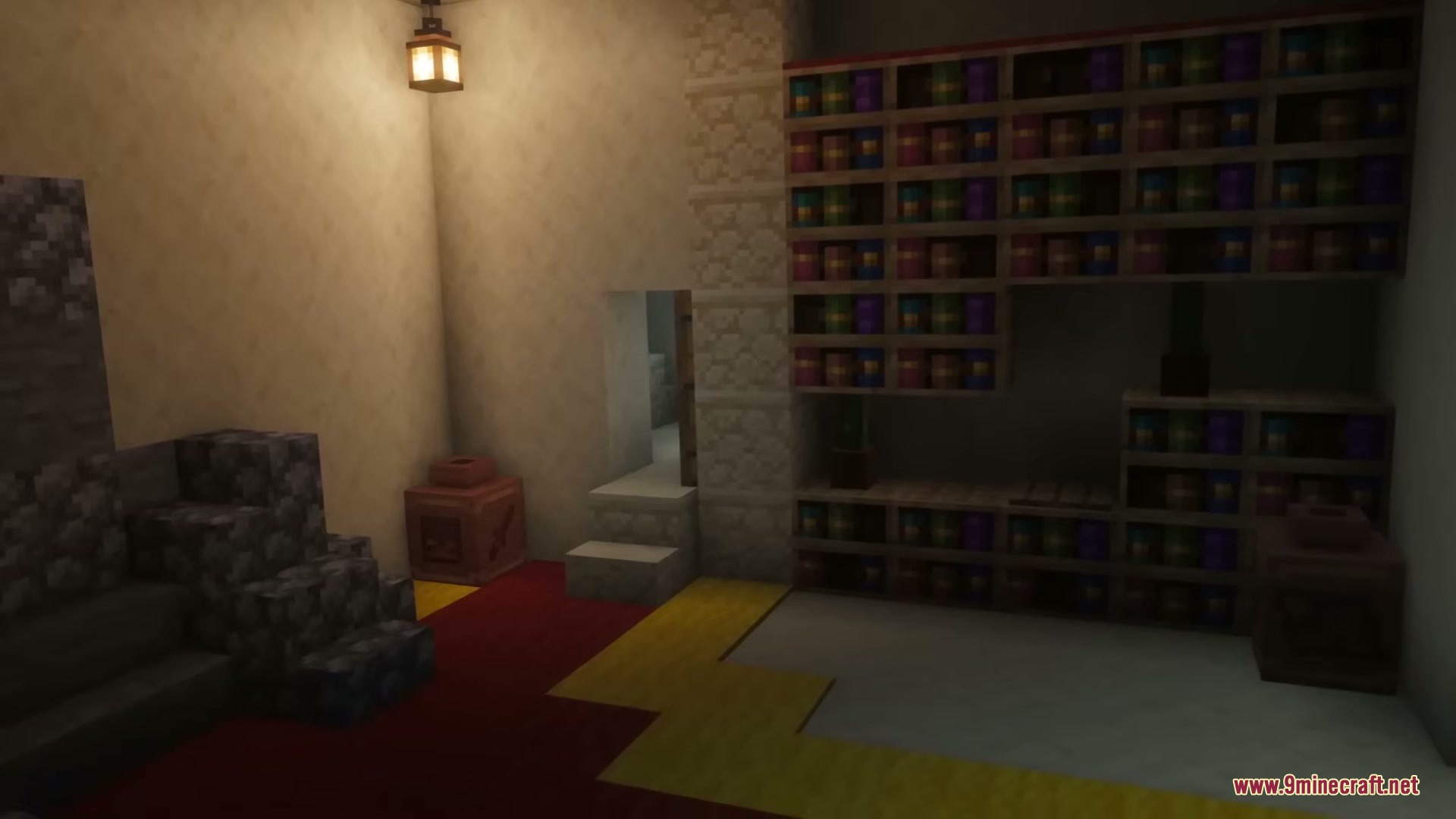 Brave Structures Mod Screenshot 9 Interior of a medieval house with wooden shelves and a red carpet