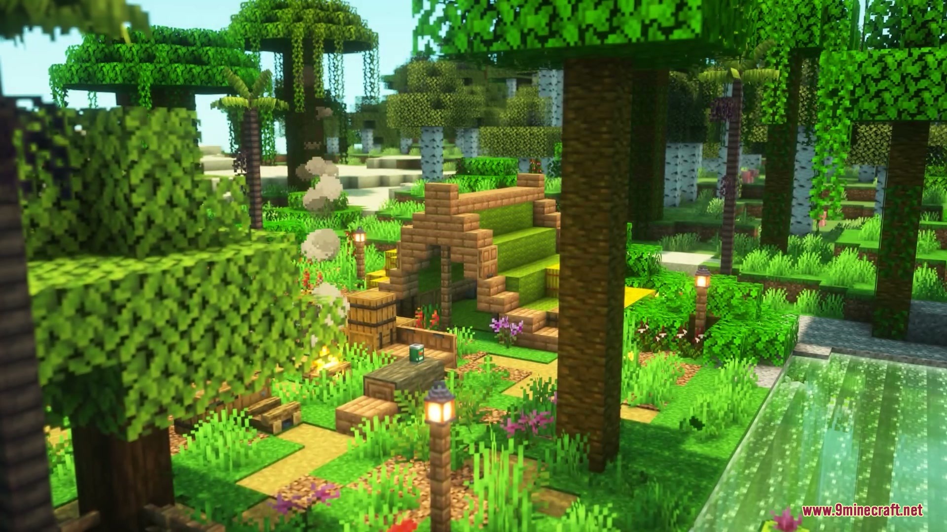 Brazilian Expansion Mod Screenshot 10 A cozy campsite with a campfire and wooden structures in a lush Brazilian biome