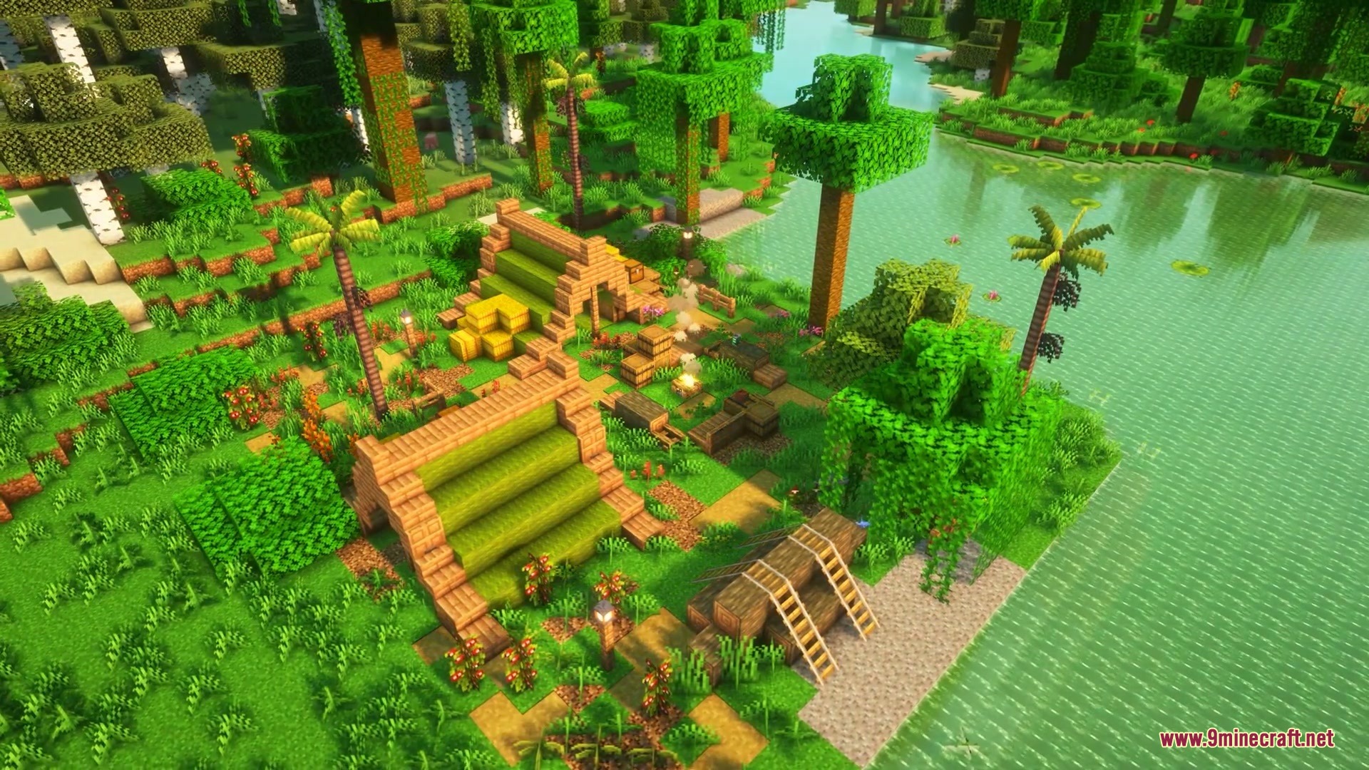 Brazilian Expansion Mod Screenshot 11 Lush tropical campsite with small huts and palm trees in the Amazon biome