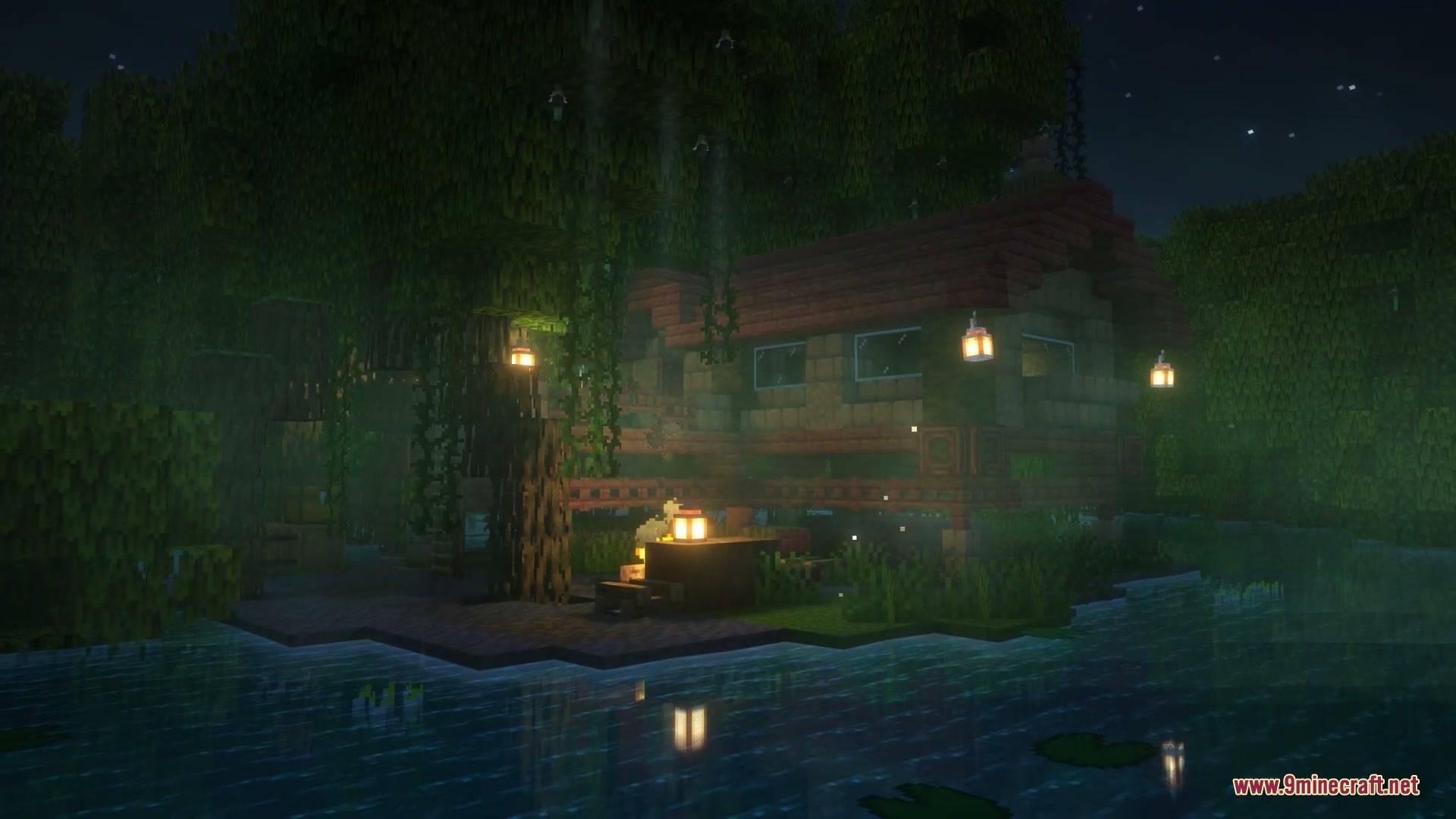 Brazilian Expansion Mod Screenshot 12 Wooden house on stilts illuminated by lanterns in the dark Pantanal wetland