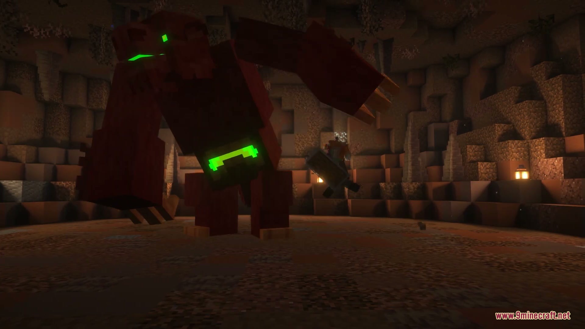 Brazilian Expansion Mod Screenshot 7 A giant red mythical creature with glowing green eyes in a dark cave