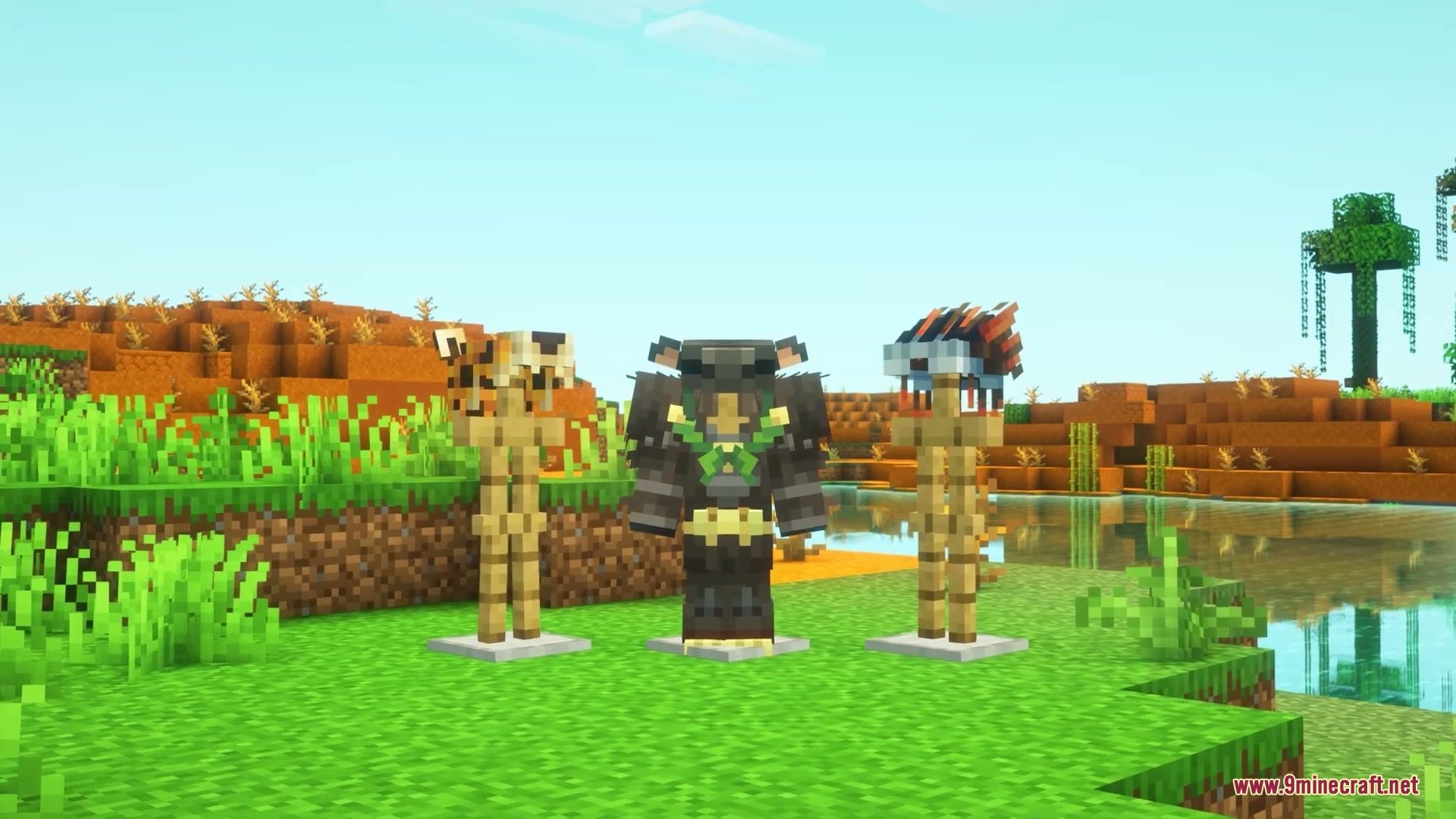 Brazilian Expansion Mod Screenshot 8 Three sets of animal themed armor displayed on stands in a grassy biome
