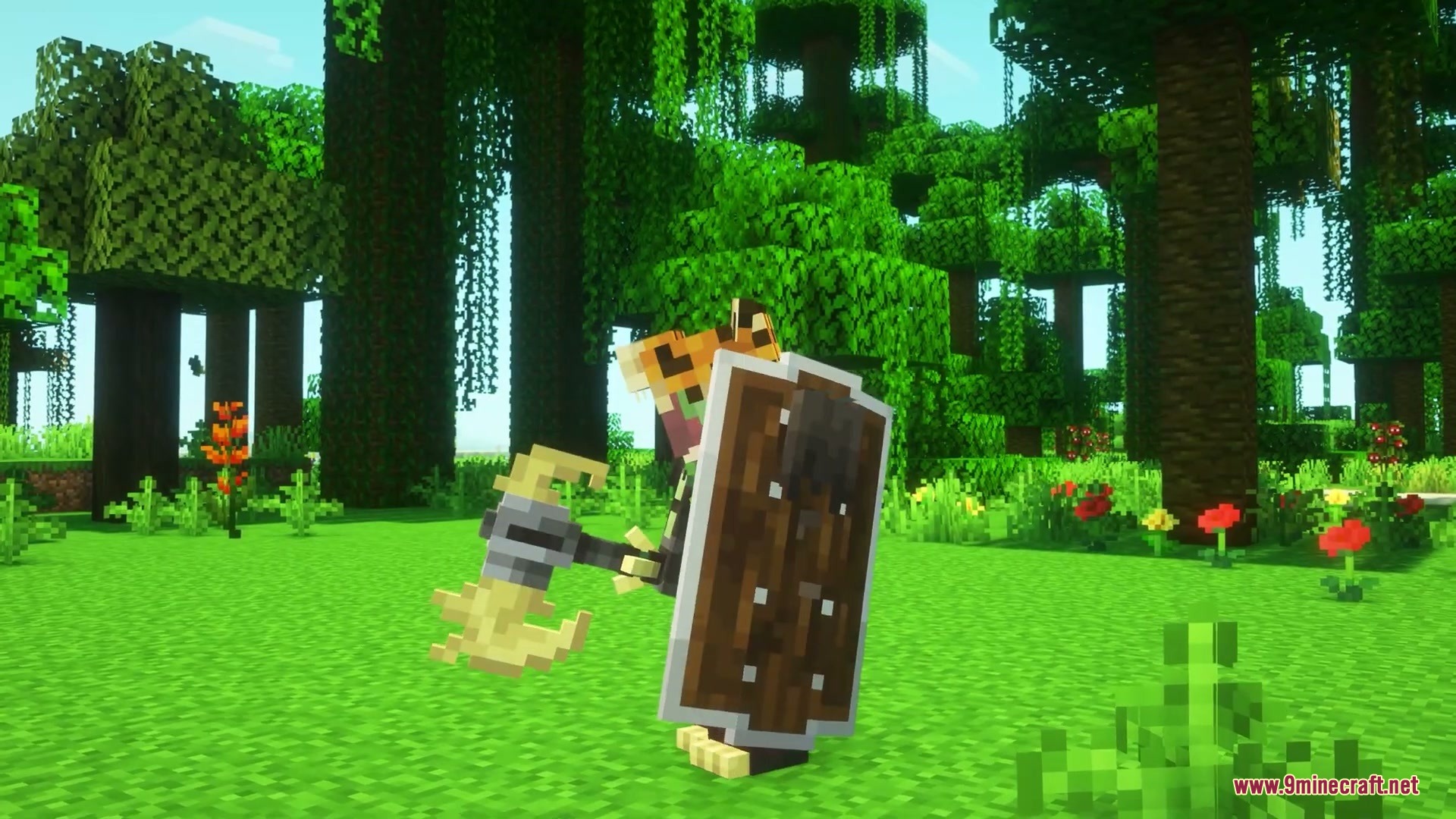 Brazilian Expansion Mod Screenshot 9 A player wearing jaguar armor holds a shield and bone weapon in the jungle