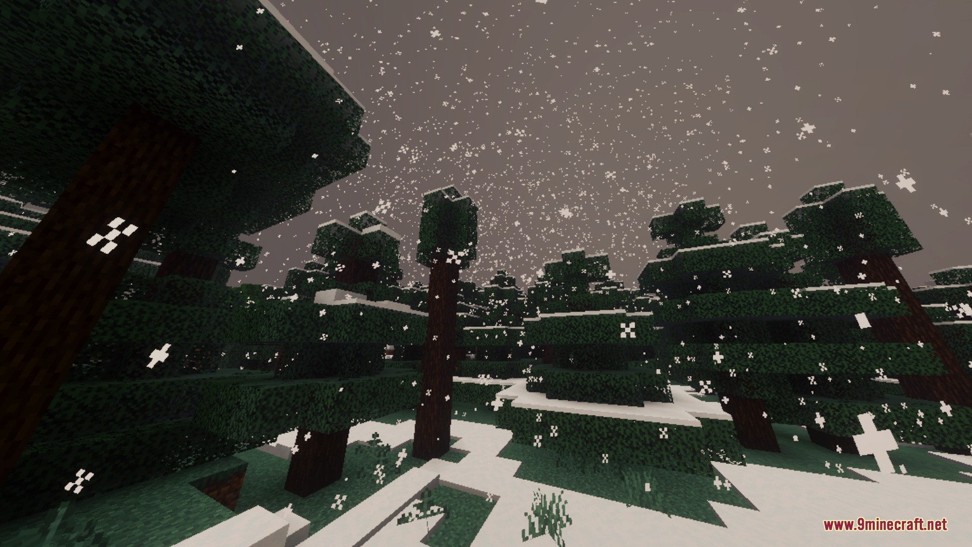 Breeze Visuals Shader Screenshot 10 Peaceful winter scene with snowflakes falling over a snowy spruce forest biome