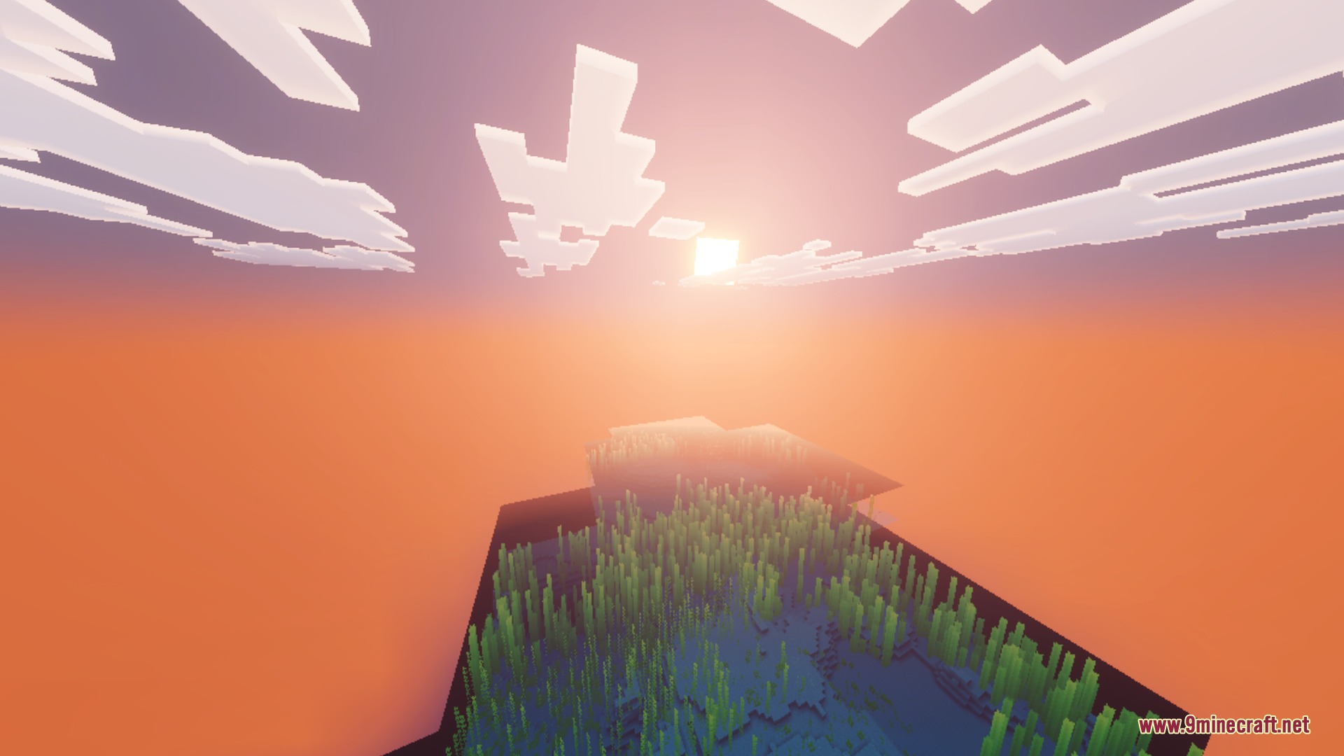 Breeze Visuals Shader Screenshot 2 A beautiful sunset with soft pastel clouds over a clear water biome