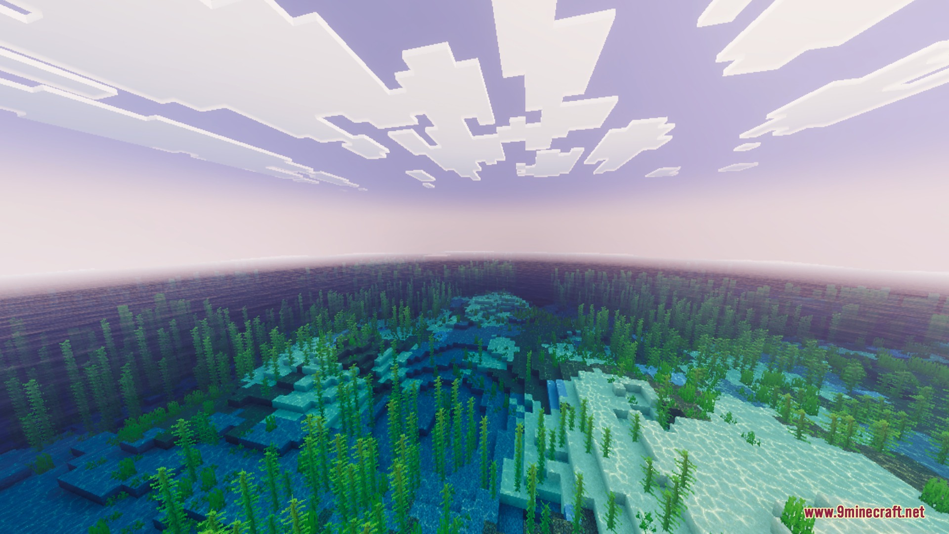 Breeze Visuals Shader Screenshot 4 Soft pastel sky with blocky clouds over a clear ocean full of kelp