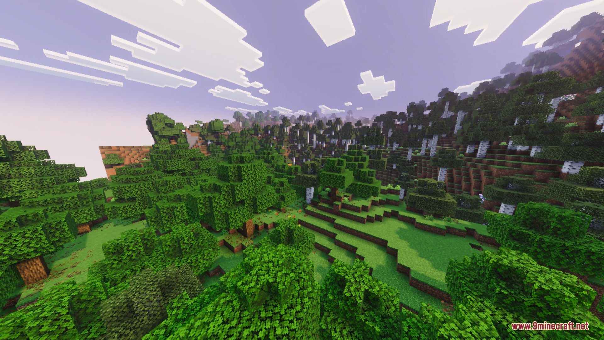 Breeze Visuals Shader Screenshot 7 A wide landscape of green hills and forests under a pastel sky