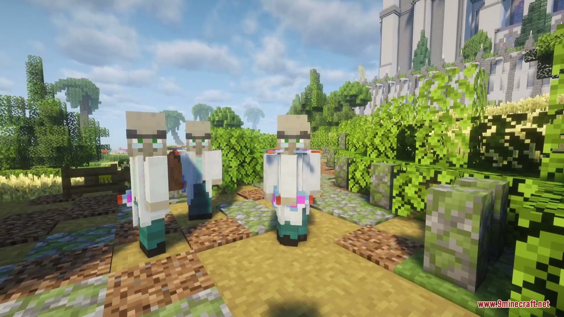 Three scientologist illagers in white coats stand on a dirt path