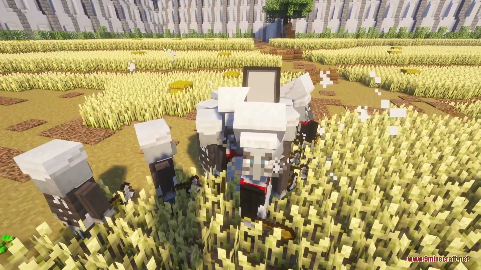 Multiple chef illagers gathering together in a field of ripe golden wheat
