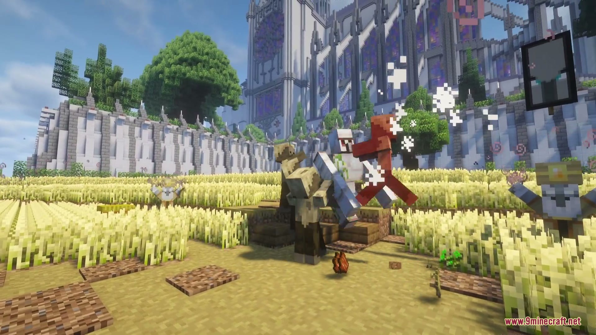 An Iron Golem battles Brewbound Outcast mobs in a sunny wheat field