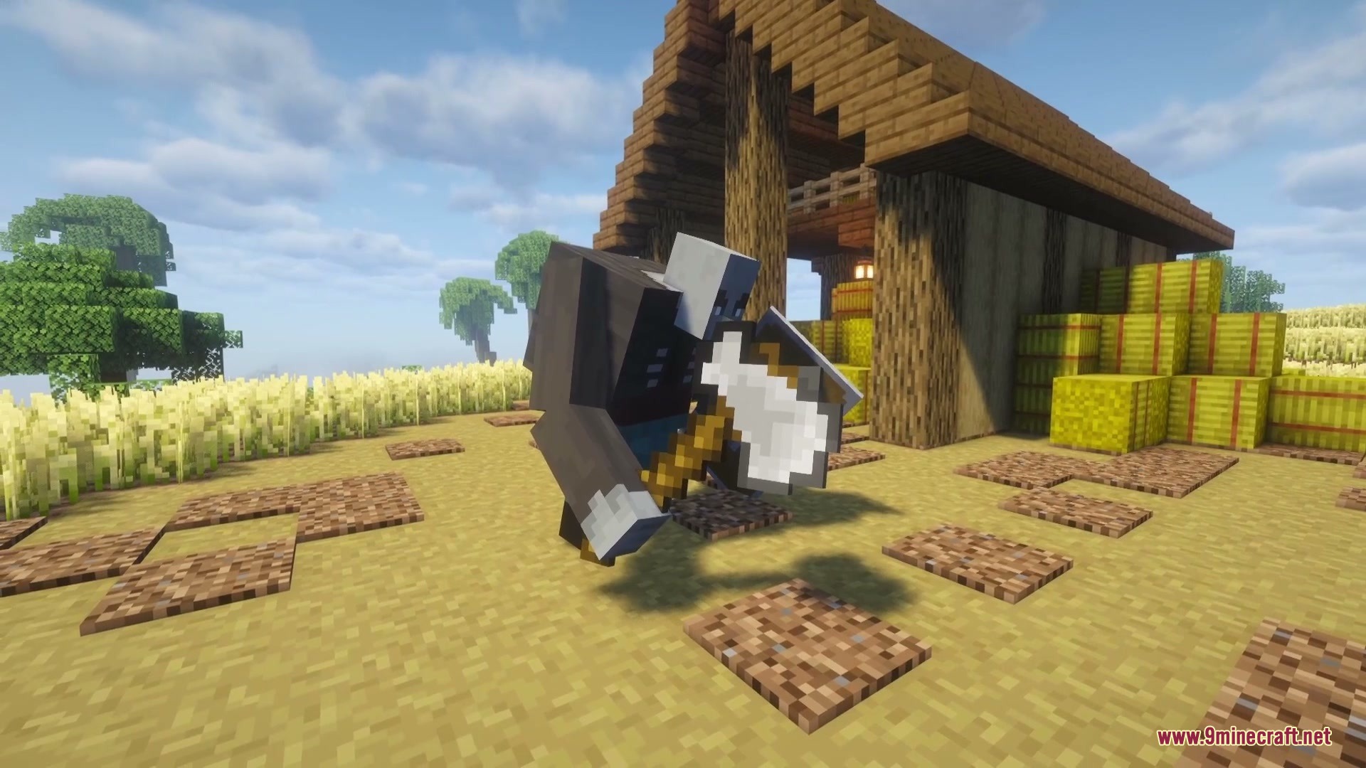A Mutant Vindicator from Brewbound Outcast Mod stands near a wooden farm building