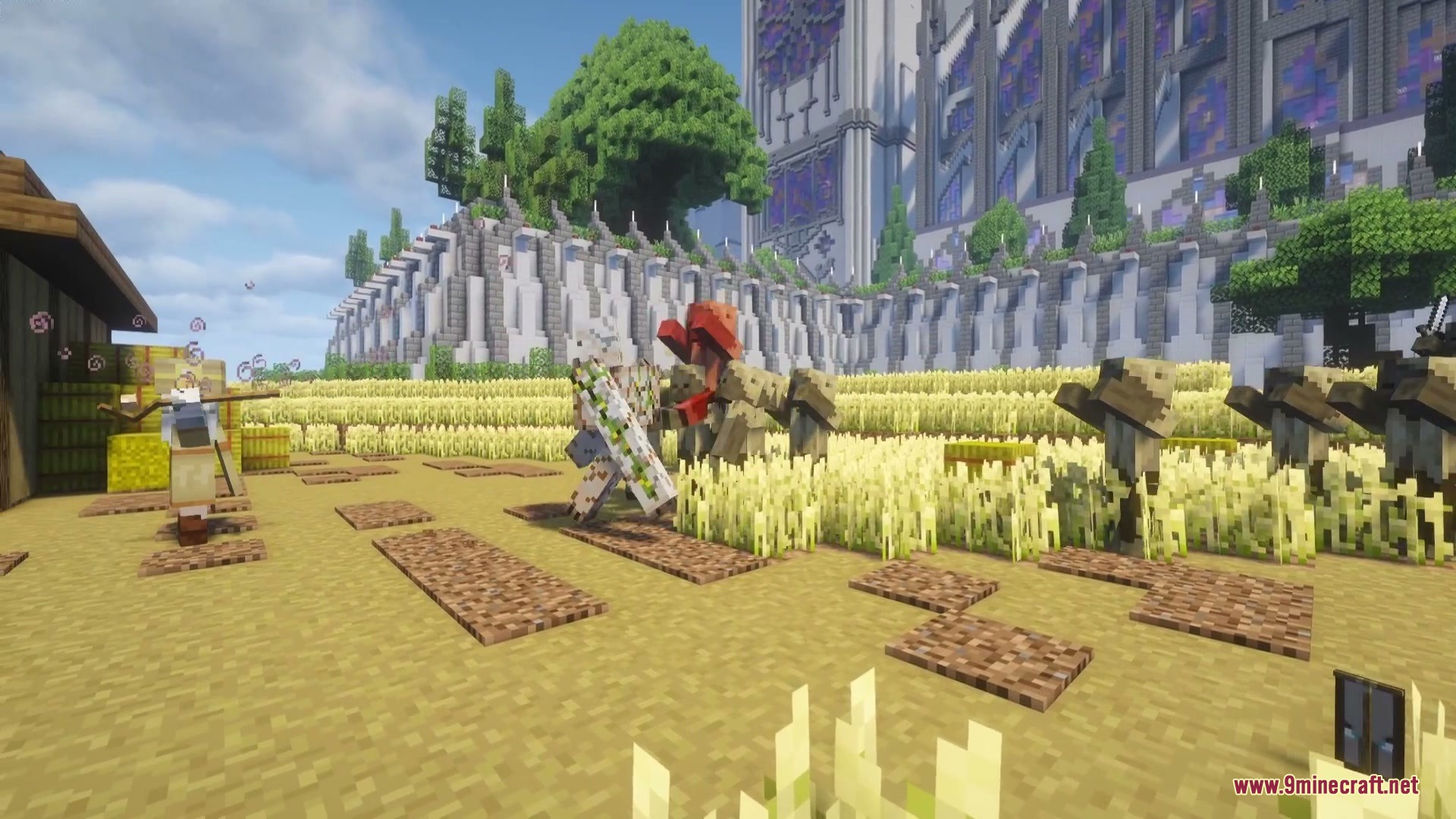 Hostile illager mobs gather in a wheat field near a massive stone castle