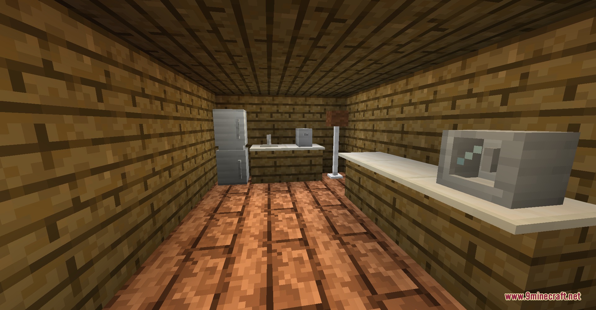Bricks N' Blocks Mod Screenshot 4 Modern kitchen furniture including a refrigerator and microwave inside a wooden house