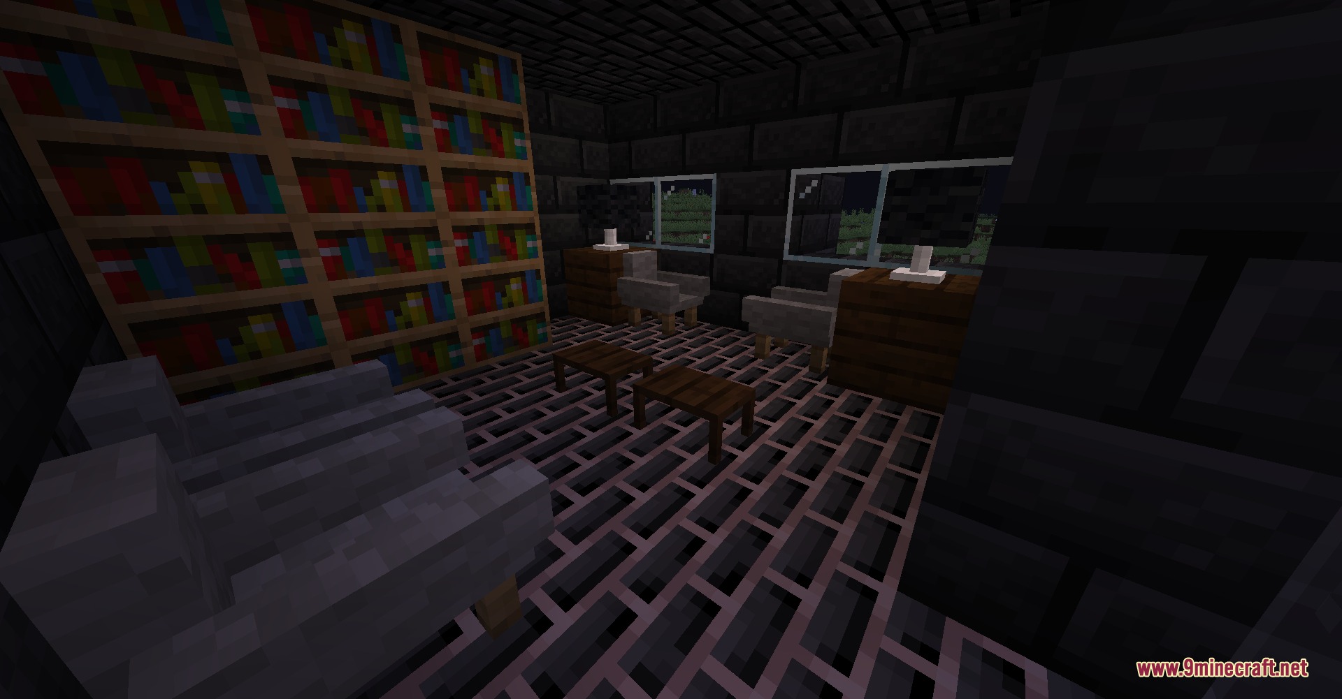 Bricks N' Blocks Mod Screenshot 6 Cozy interior room featuring bookshelves grey armchairs and dark brick blocks