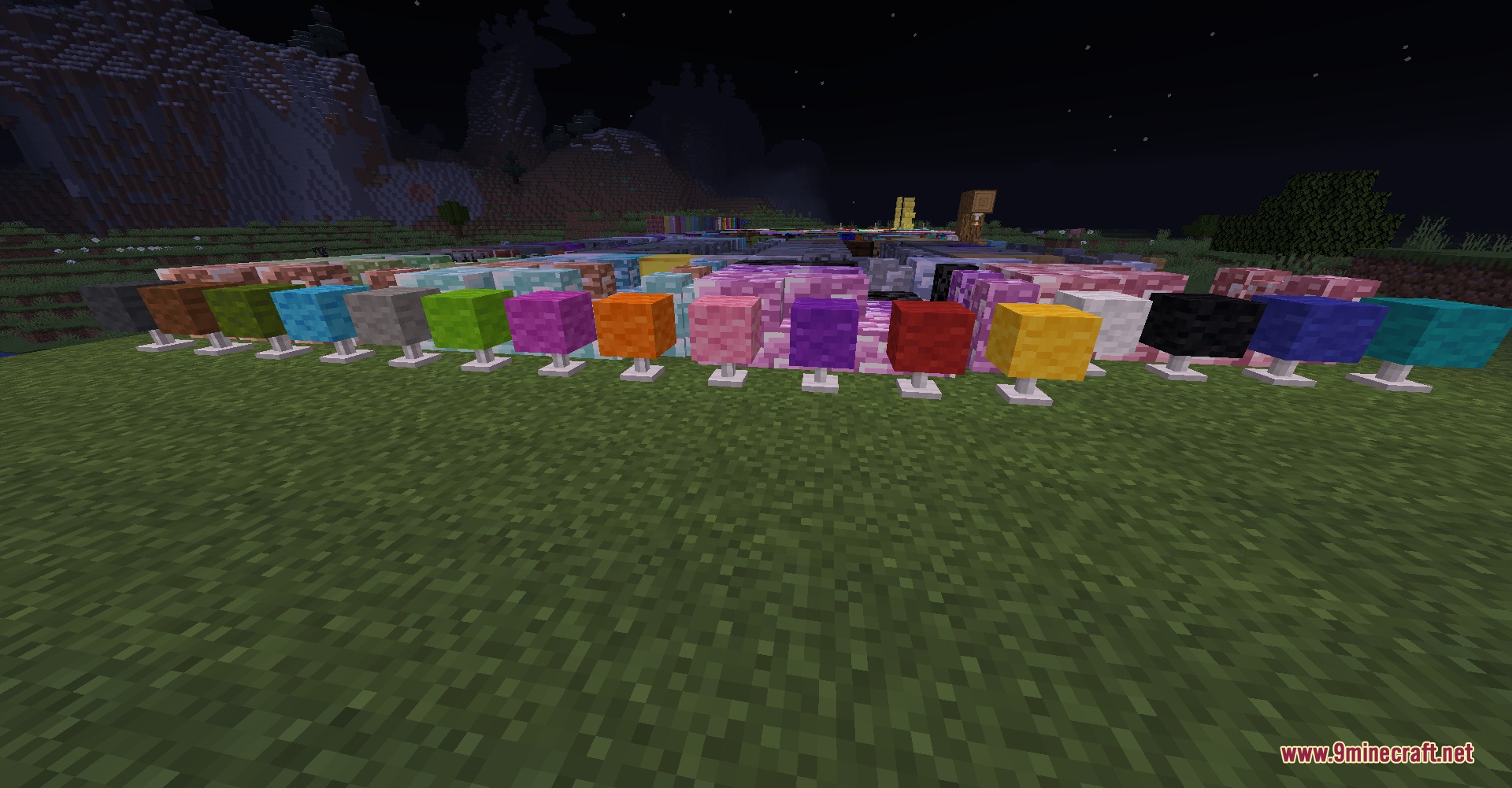 Bricks N' Blocks Mod Screenshot 7 A row of colorful wool blocks and stairs displayed on white pedestals