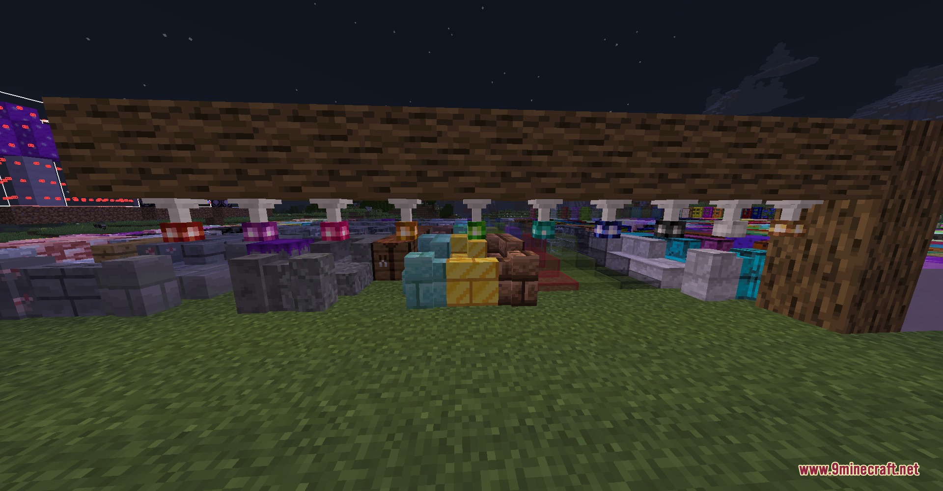 Bricks N' Blocks Mod Screenshot 8 Decorative lamps and special stone bricks arranged under a large wooden beam