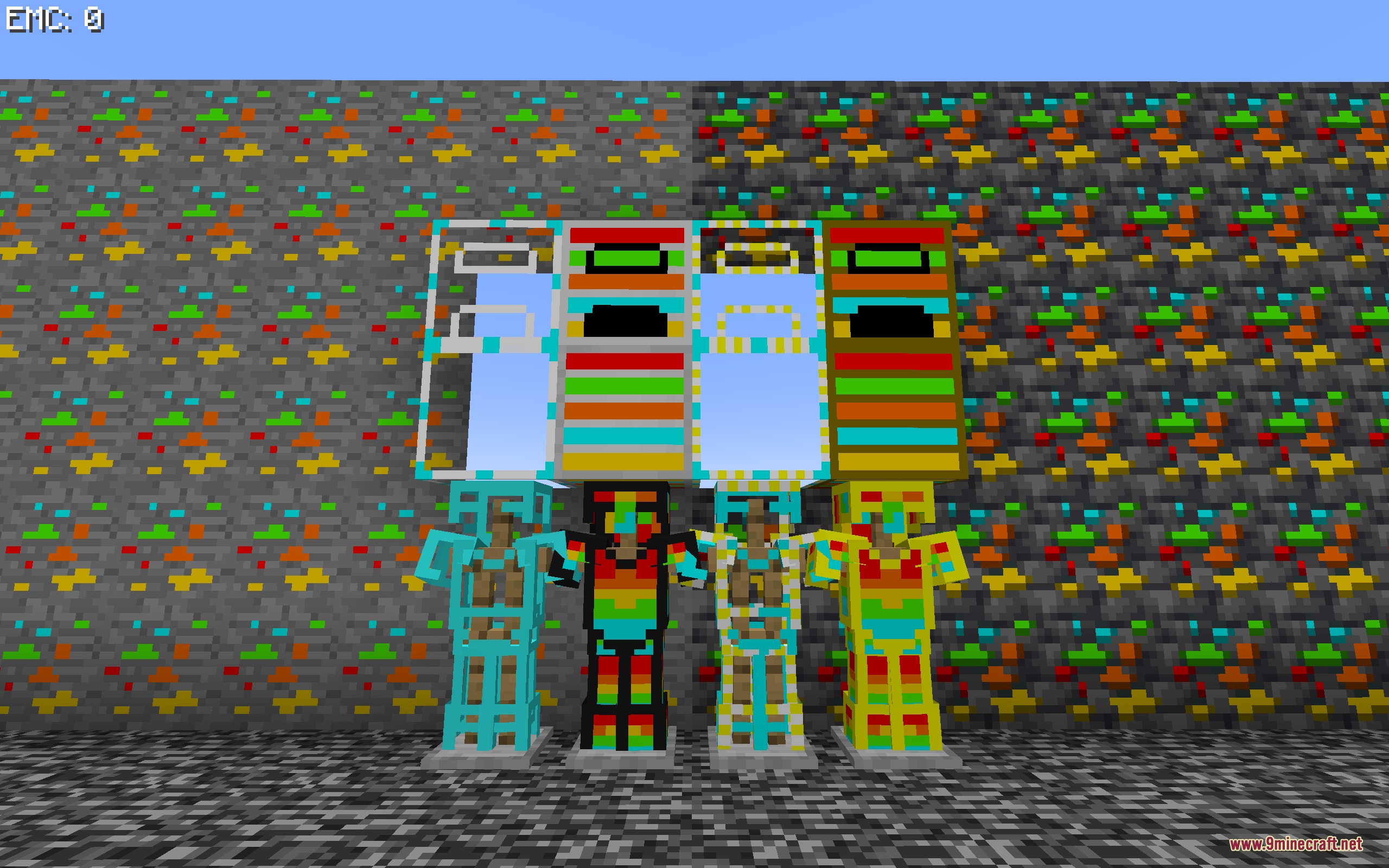 Brinebound Zenith Mod Screenshot 3 Four armor stands showcasing colorful protective gear in front of super ore walls