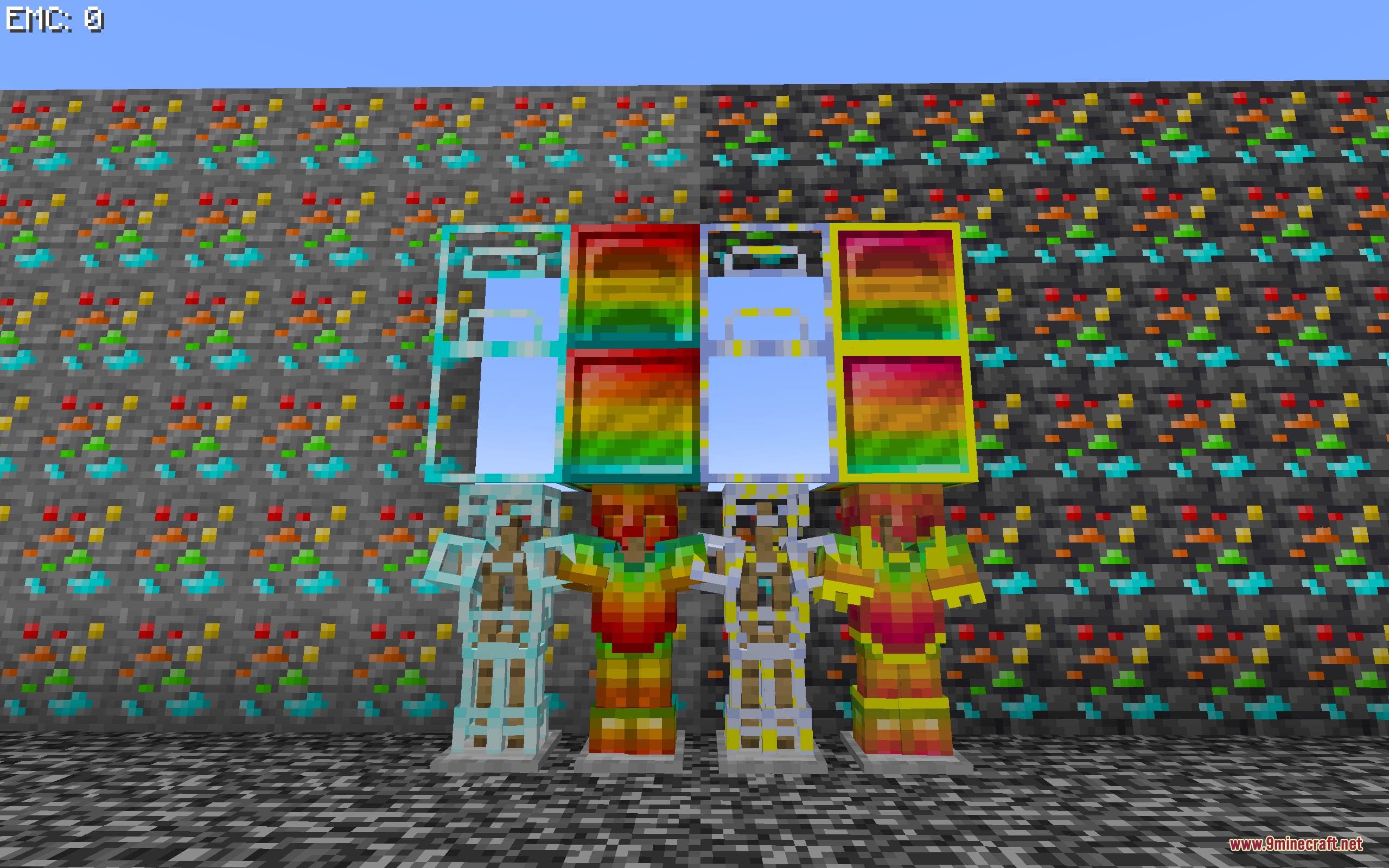 Brinebound Zenith Mod Screenshot 4 Various armor sets and vision blocks displayed against a wall of ores
