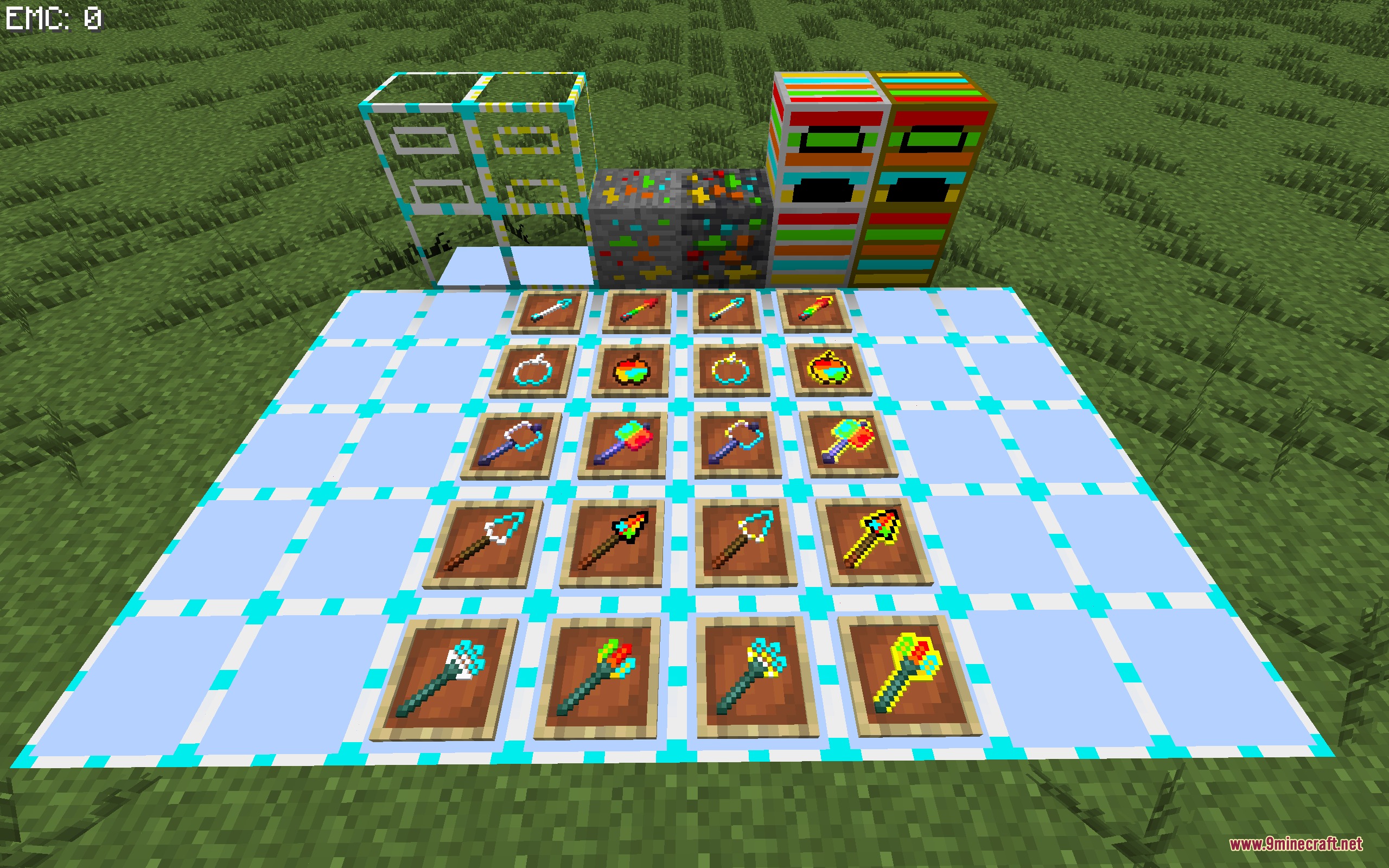 Brinebound Zenith Mod Screenshot 6 Display of modded furnaces ores and tools on custom blocks in a field