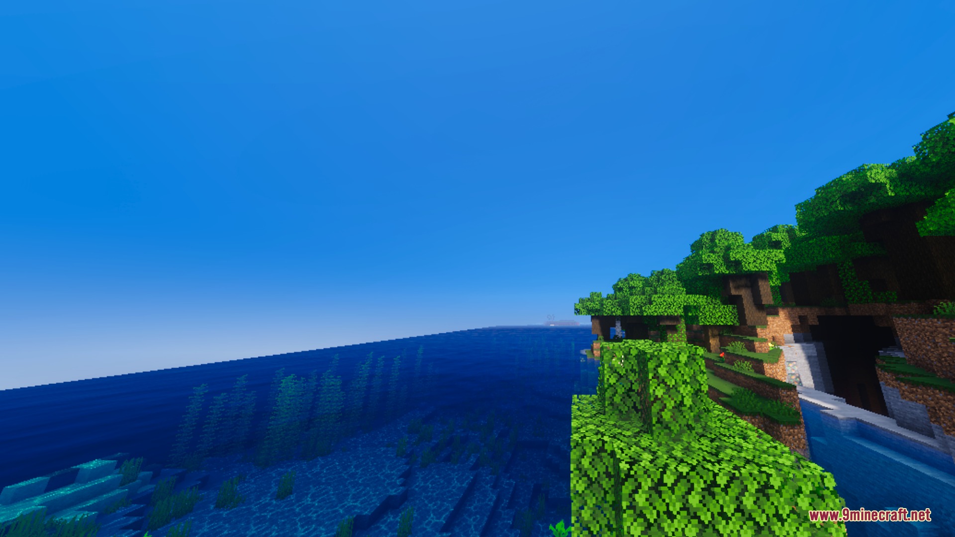 Bsl Vibrant Visuals Shader Screenshot 1 Lush green trees on a cliff overlooking clear blue water and underwater plants