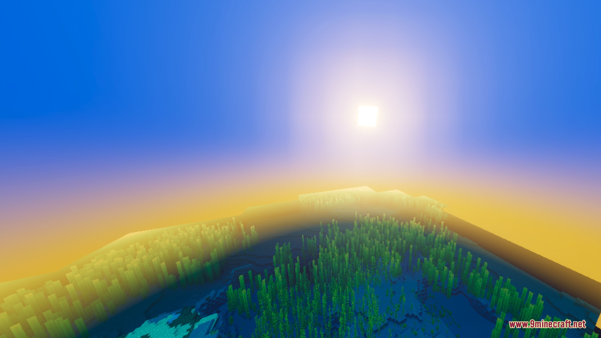 Bsl Vibrant Visuals Shader Screenshot 2 Bright sun casting a golden glow over a large field of underwater kelp