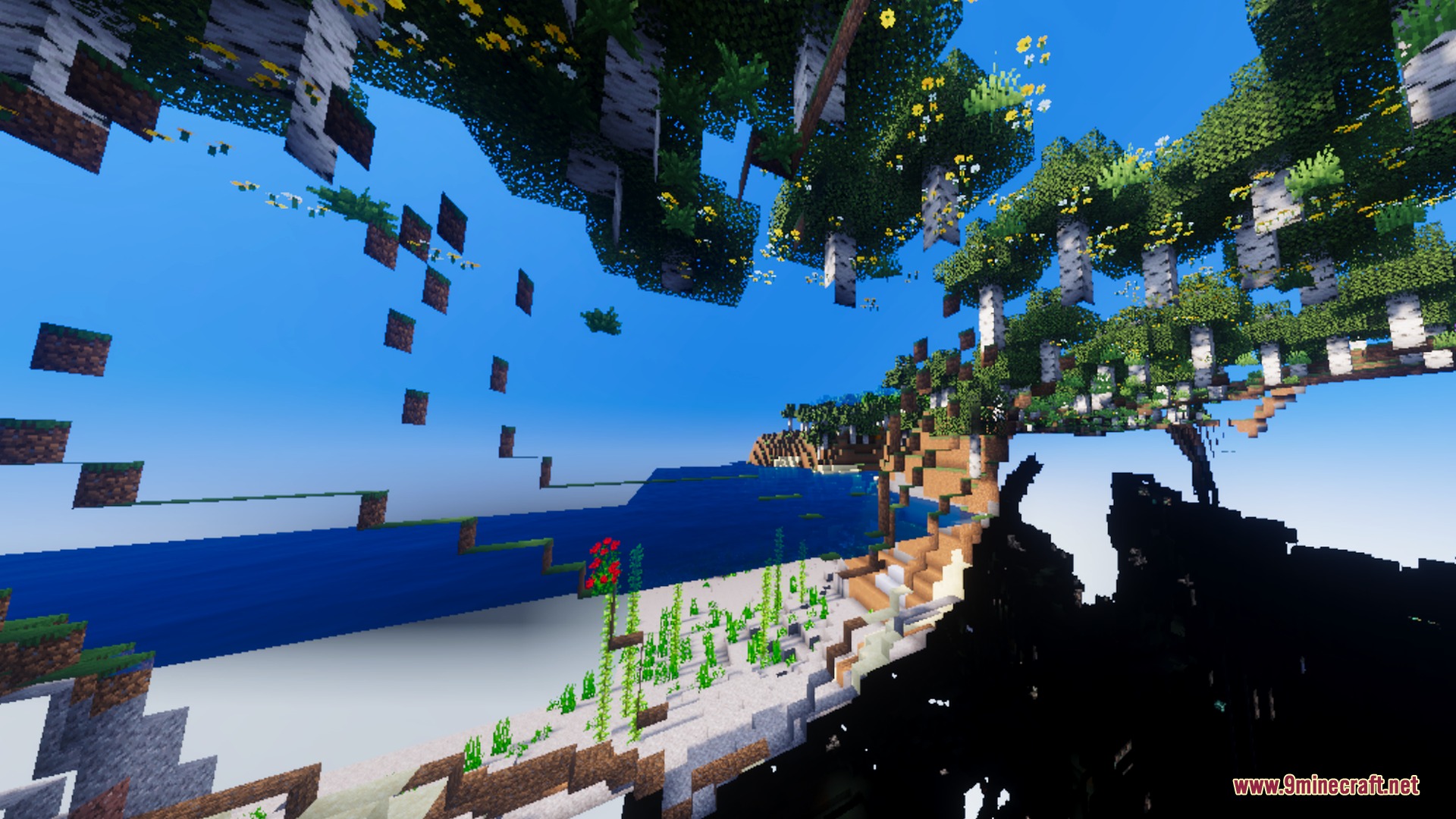 Bsl Vibrant Visuals Shader Screenshot 3 Surreal Minecraft landscape with floating birch trees and vibrant blue water reflections