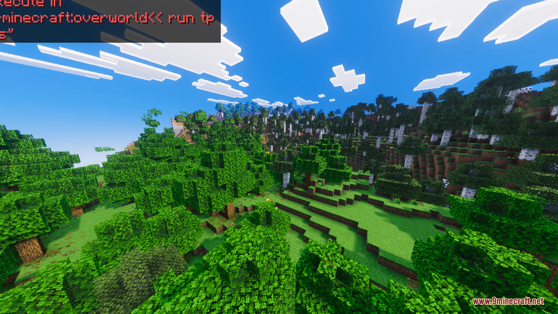 Bsl Vibrant Visuals Shader Screenshot 7 Vibrant Minecraft landscape using Bsl Vibrant Visuals with red command text on screen