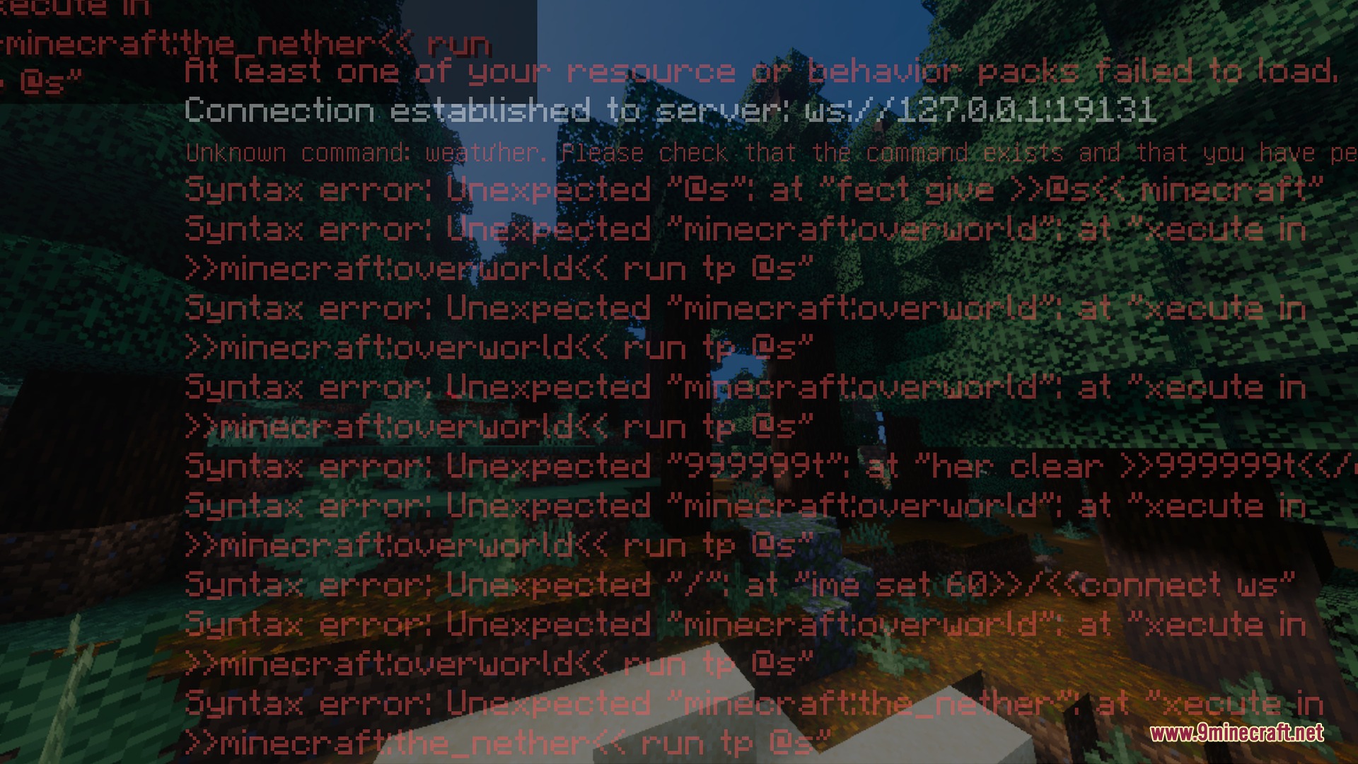 Bsl Vibrant Visuals Shader Screenshot 8 Red syntax error messages displayed over a dark forest background in Minecraft