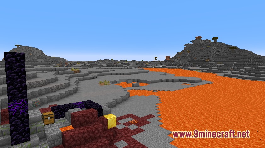 Builds N Barrens Mod Screenshot 1 A ruined portal stands in a grey wasteland next to a lava lake
