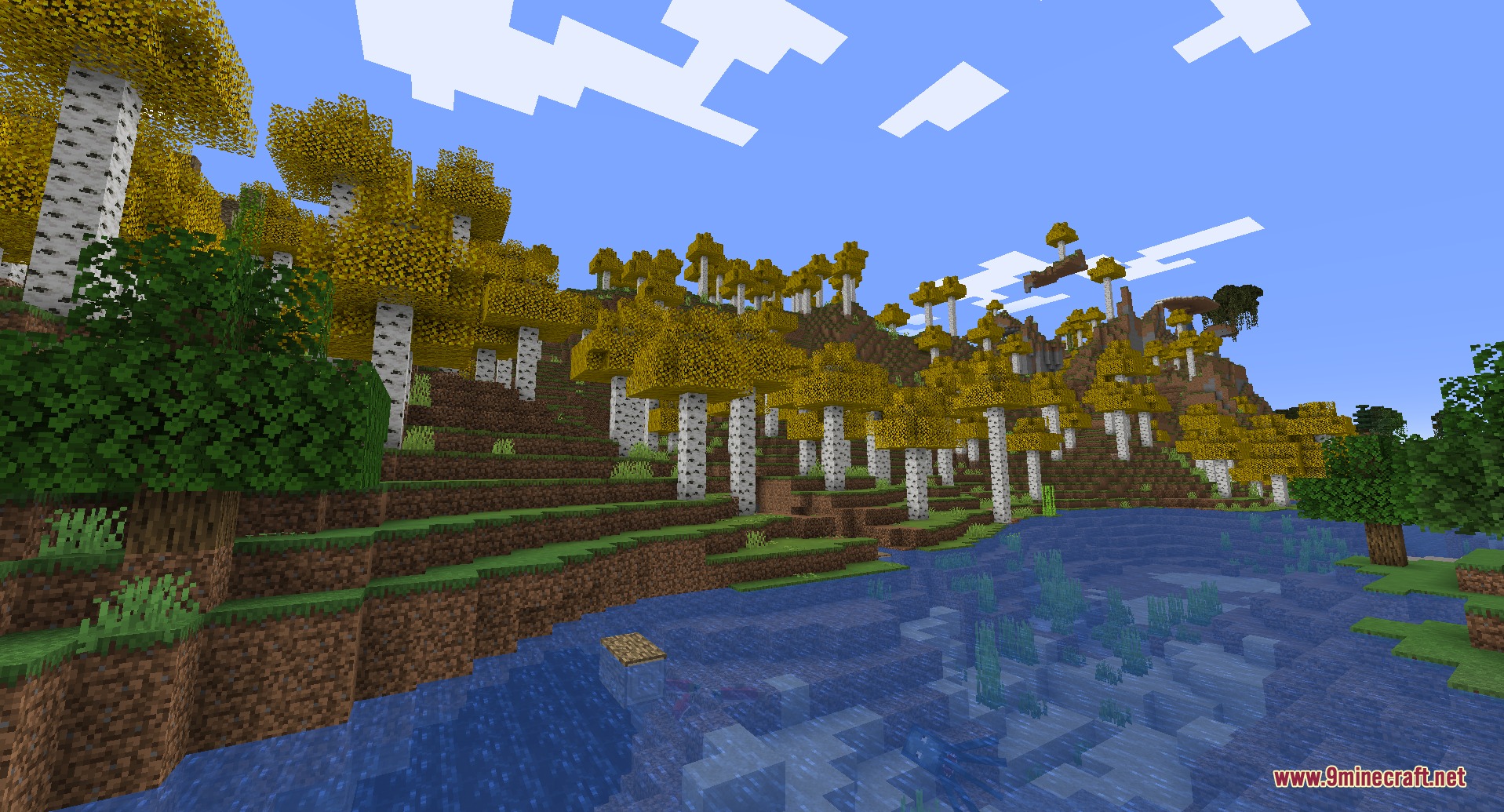 Builds N Barrens Mod Screenshot 4 Birch forest with yellow autumn leaves growing along a calm river bank