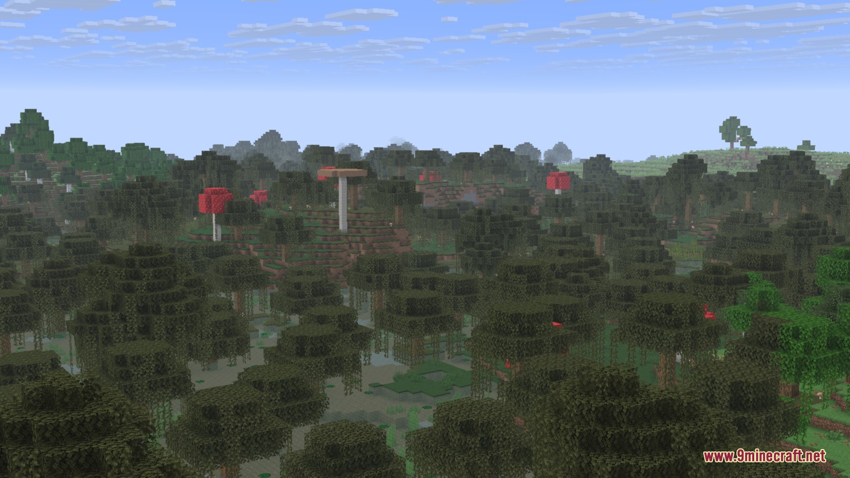 Builds N Barrens Mod Screenshot 5 A dense swamp biome featuring giant mushrooms and vines hanging from trees