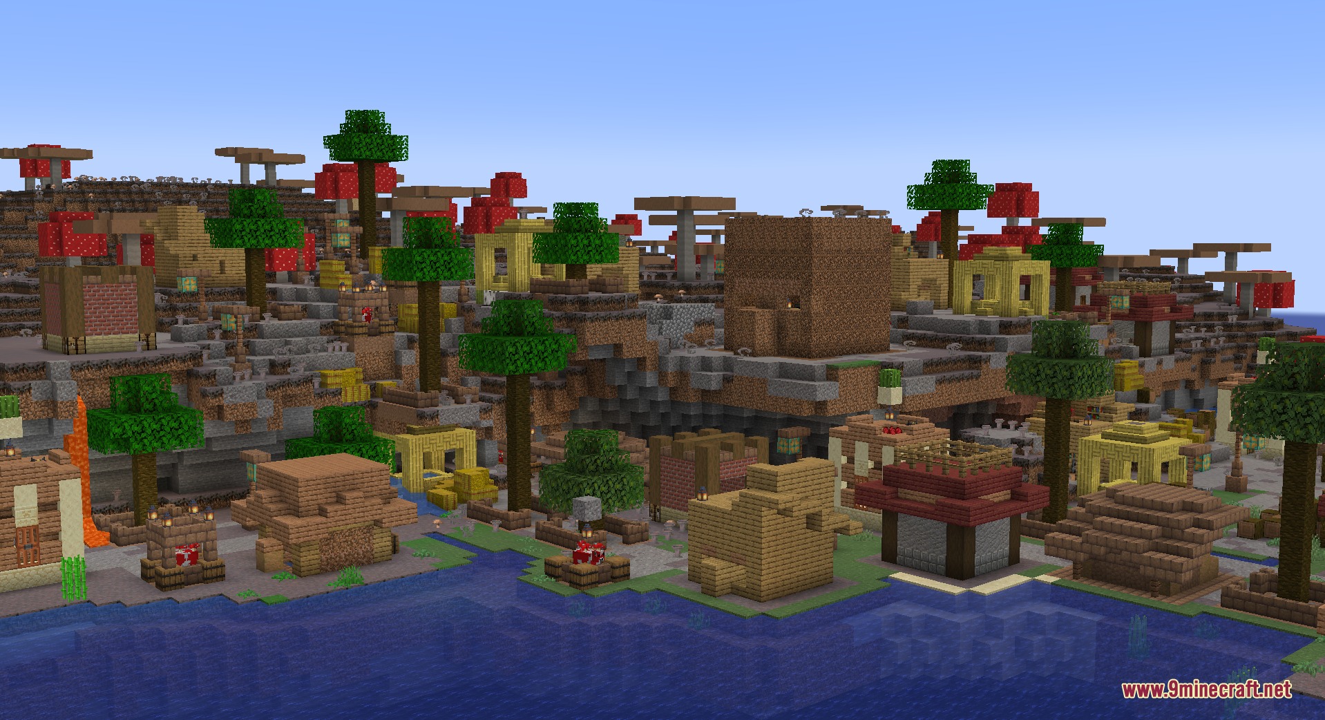 Builds N Barrens Mod Screenshot 6 A large hillside village with diverse buildings and giant mushrooms near the water