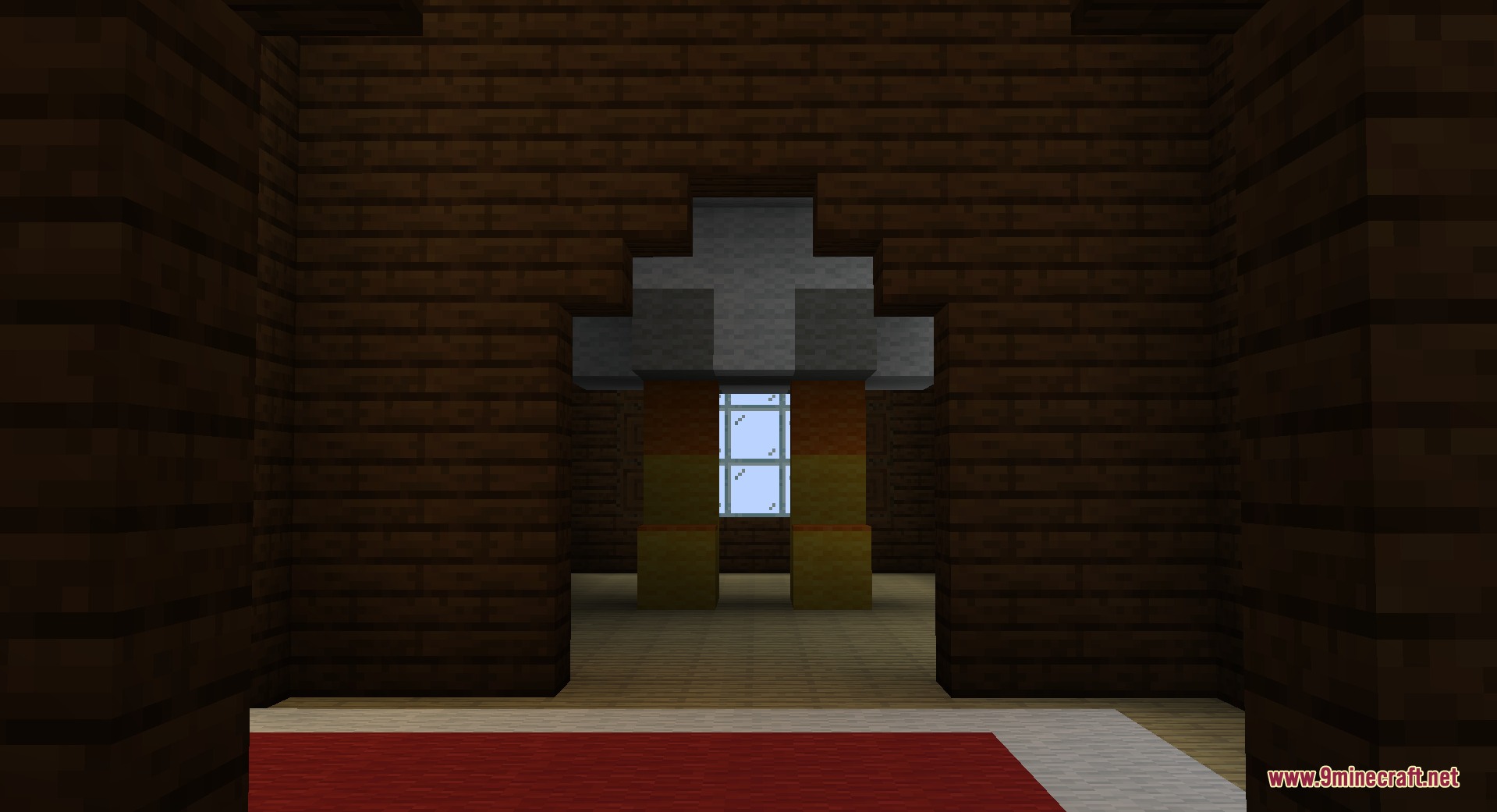 Builds N Barrens Mod Screenshot 7 A dark wooden room with a small structure visible through a doorway