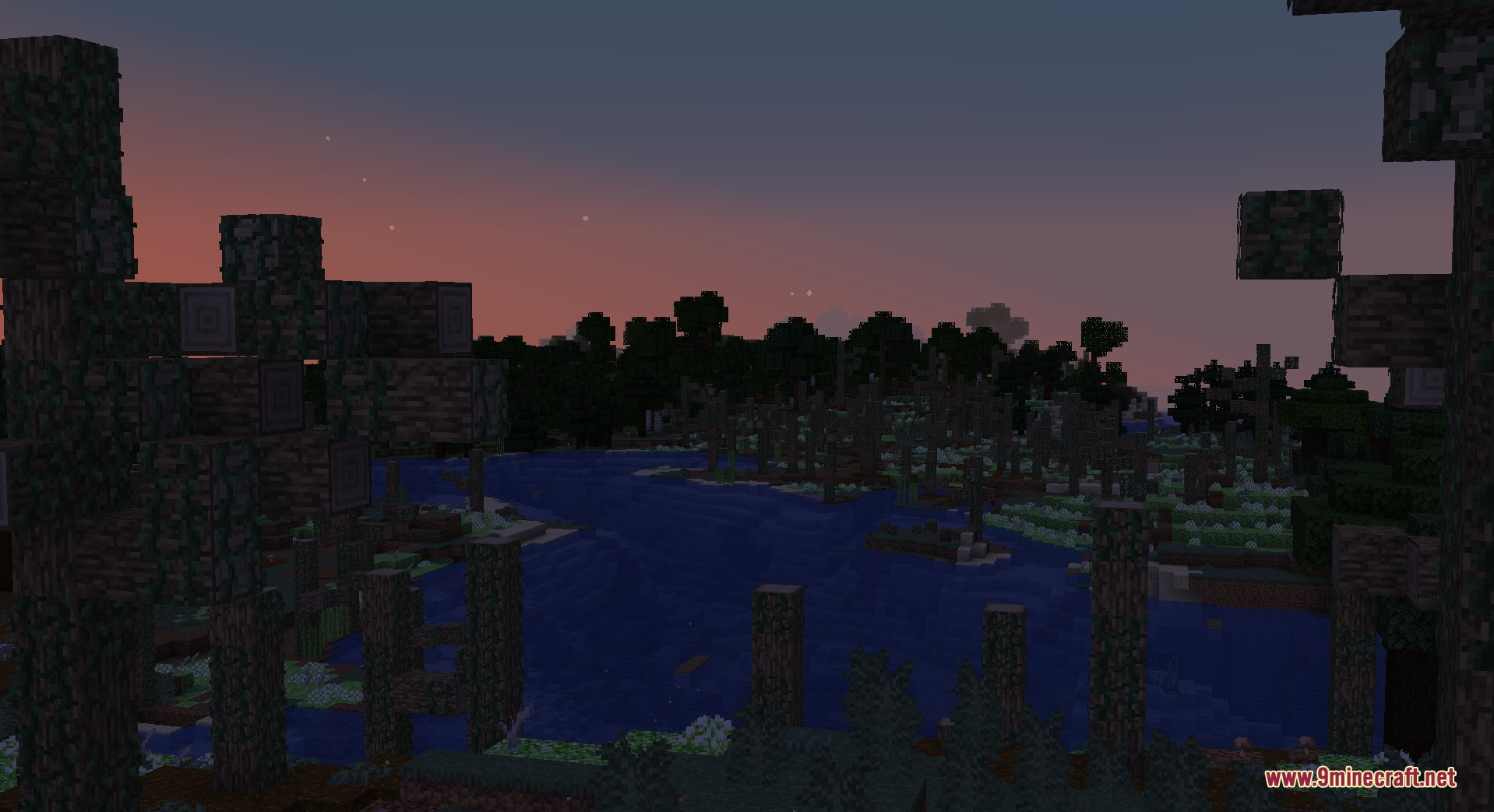 Builds N Barrens Mod Screenshot 8 A scenic view of a fancy swamp biome during a colorful sunset
