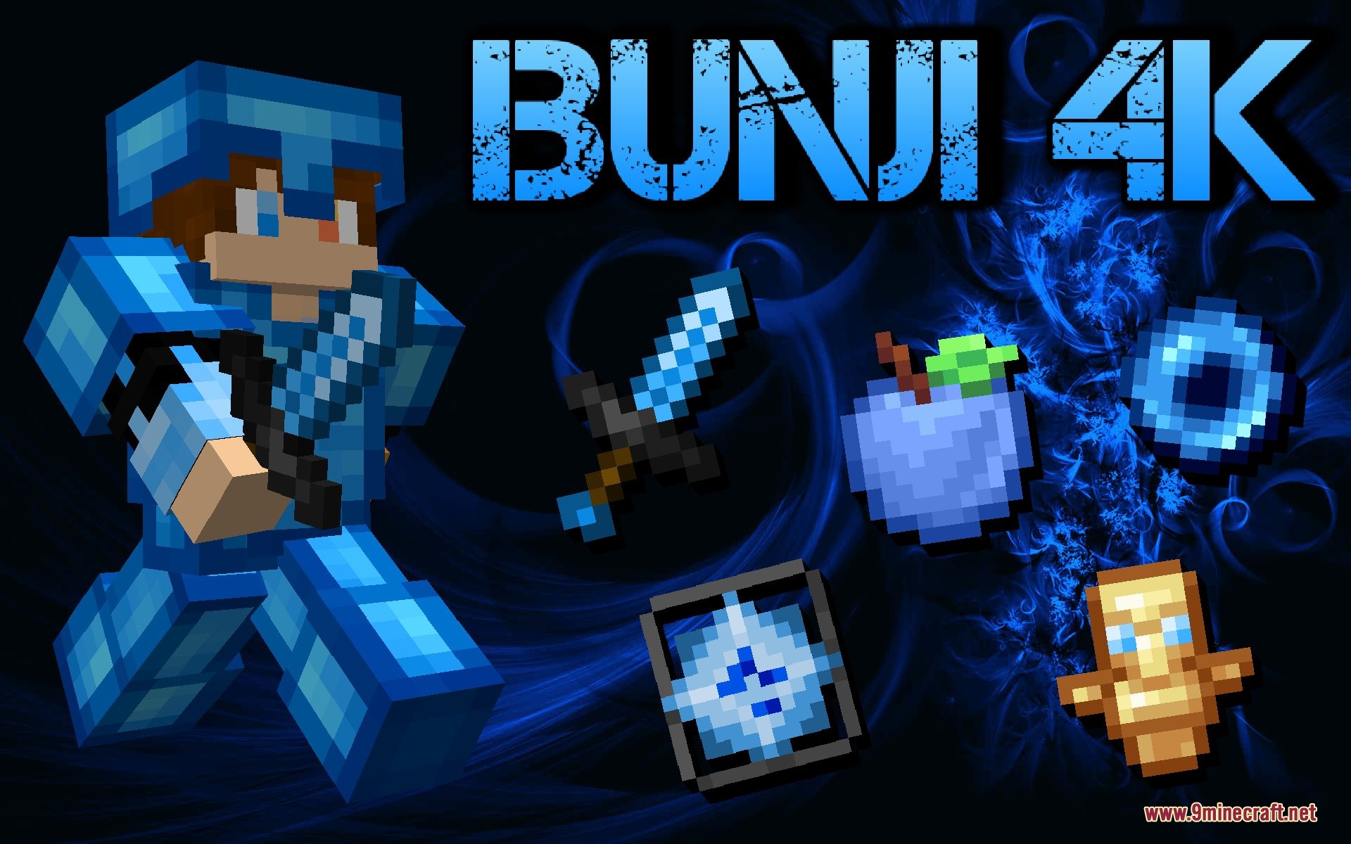 Bunji 4k Resource Pack Screenshot 1 Bunji 4k Resource Pack features a blue armored character and various combat items