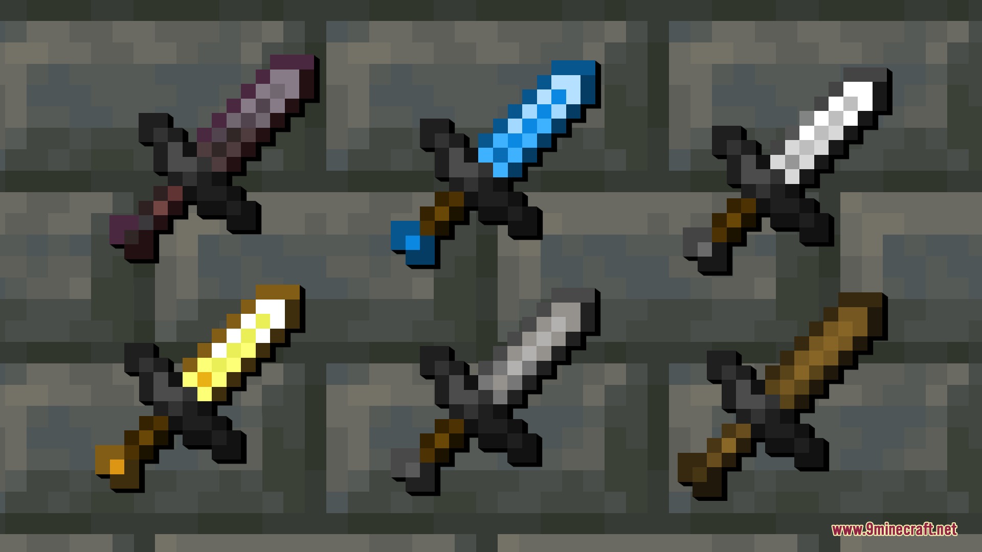 Bunji 4k Resource Pack Screenshot 2 Six different types of Minecraft swords displayed against a grey stone brick wall