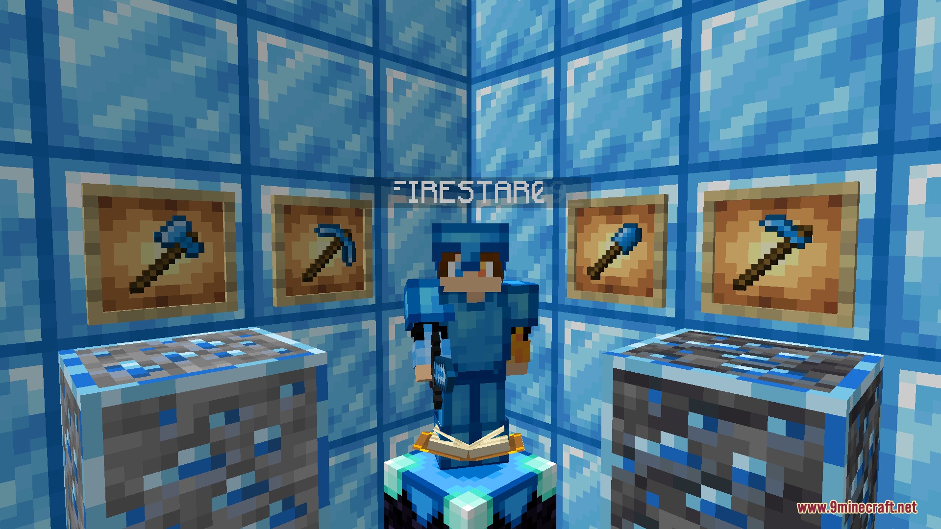 Bunji 4k Resource Pack Screenshot 4 A player wearing light blue armor surrounded by matching tools and ore blocks