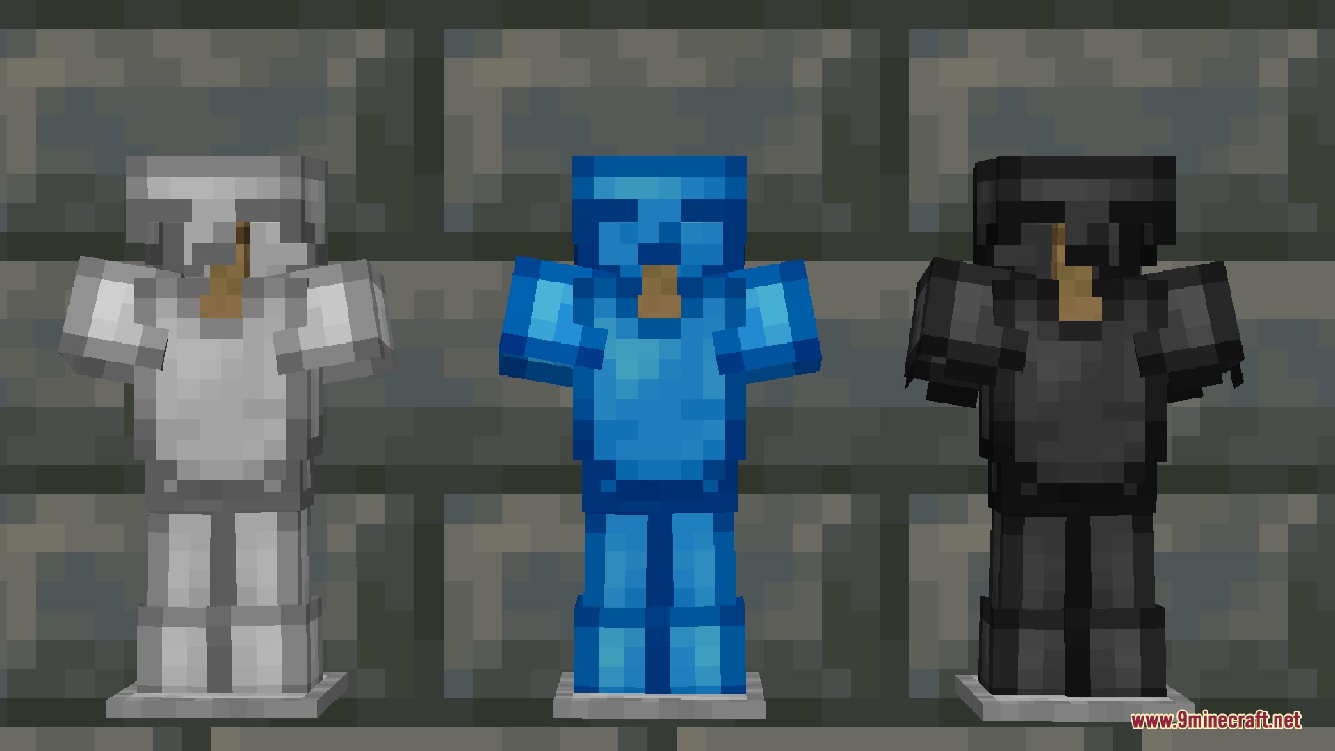 Bunji 4k Resource Pack Screenshot 5 Three armor stands displaying iron diamond and netherite armor sets with blue textures
