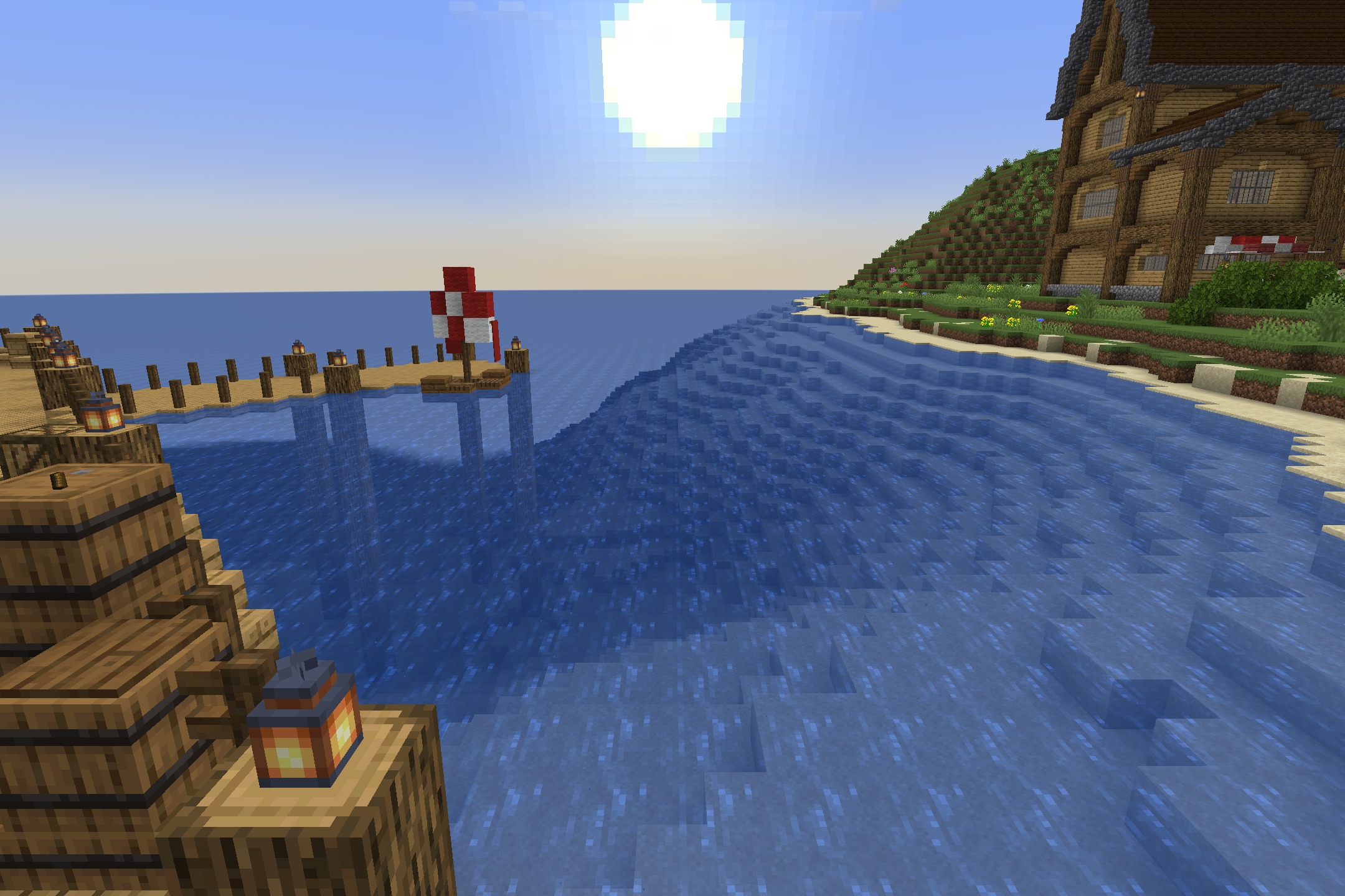 BwW Resource Pack Screenshot 8 Bright sun shining over a wooden pier and a small red sailboat