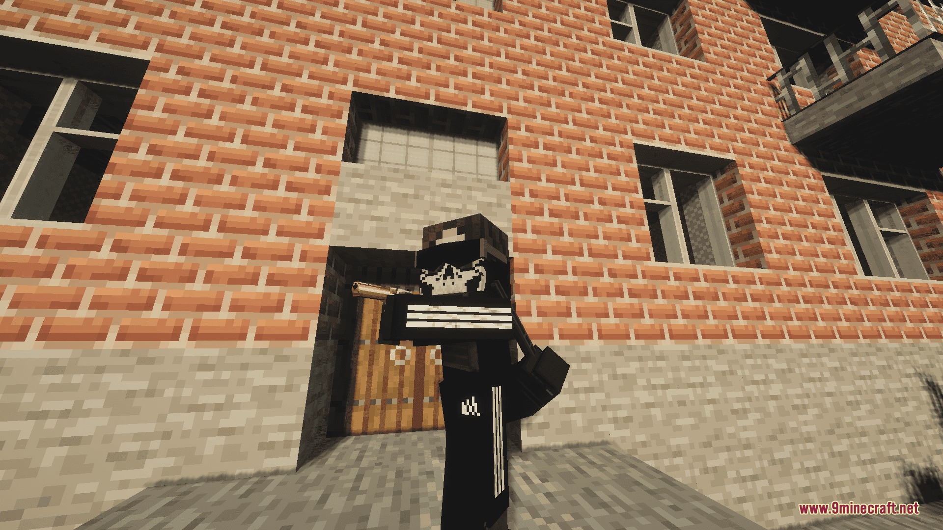 CAPS Awim TACTICAL GEAR Mod Screenshot 1 A character wearing a black tracksuit and skull mask holds a tactical weapon
